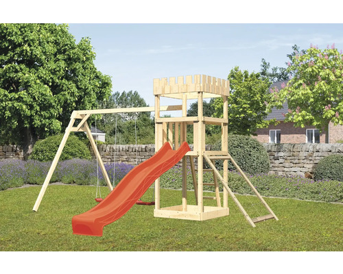 Speeltoren/speelhuis Karibu Leeuwenhart, 107 x 107 cm, van hout, bestaande uit een glijbaan, 2 schommelsets en een rode nethelling.