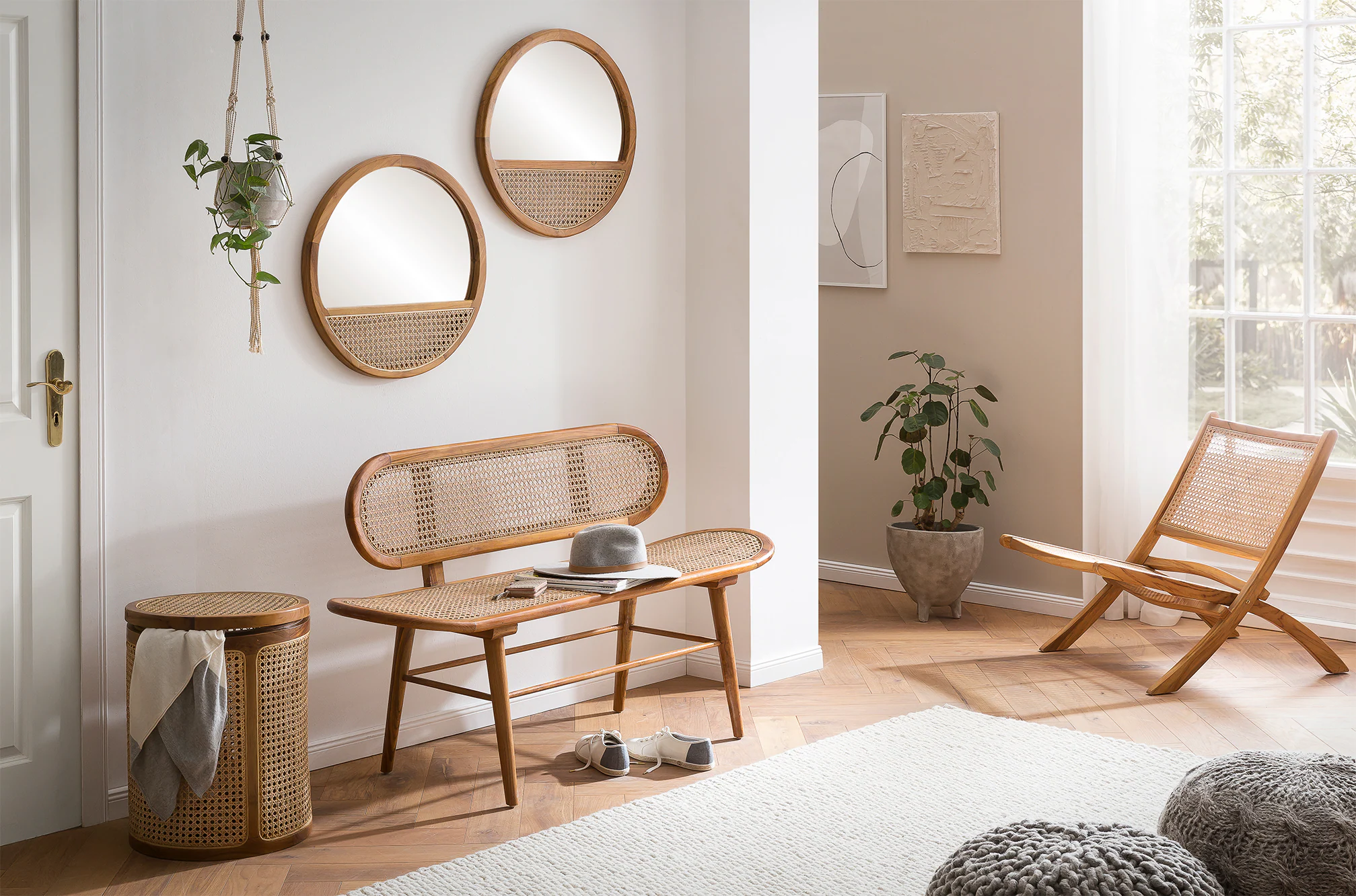 Sitzbank Rattan Teakholz Flurbank Dielenbank Esszimmer Bank Holzbank massiv
