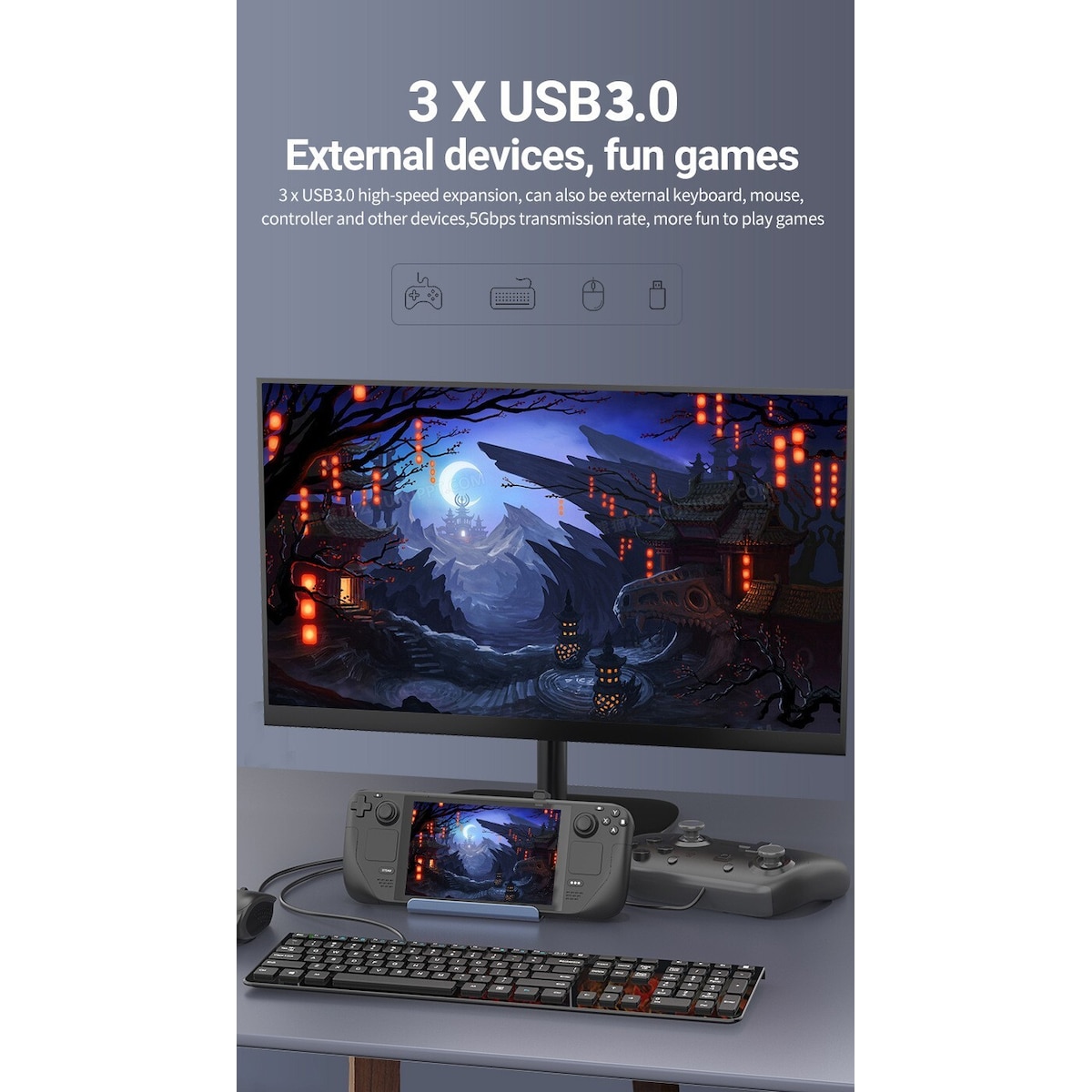 NÖRDIC USB-C 1 til 6 dokkingstasjon for Steam Deck, HDMI 2.0 4k60Hz, RJ45, USB-A 3.0 5 Gbps, 100W USB-C PD