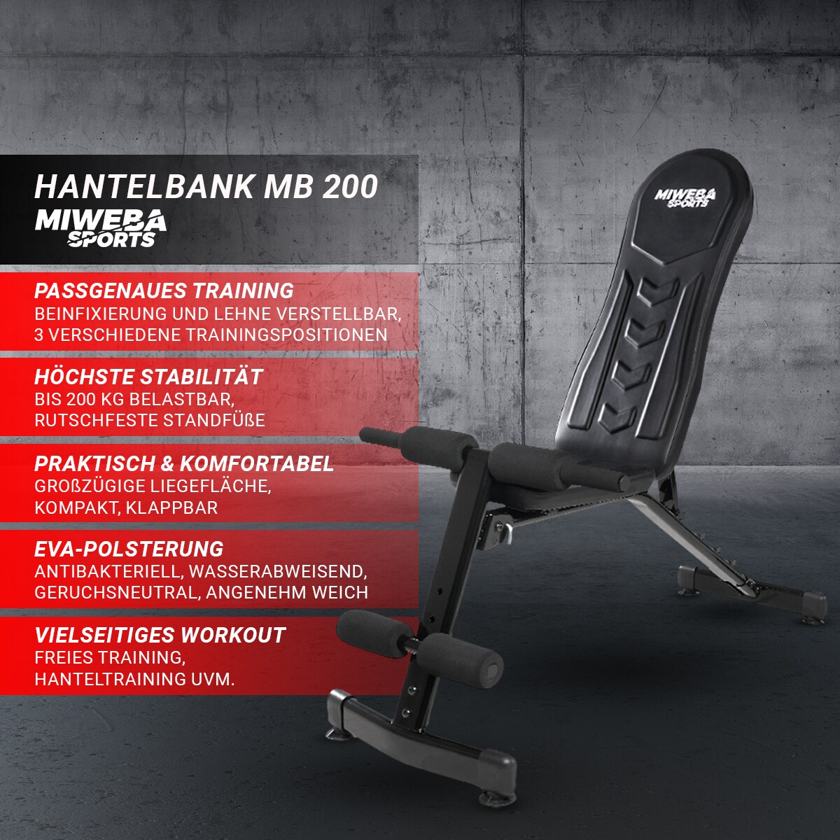 Miweba Sports Hantelbank MB200, klappbar, Schrägbank/Flachbank, verstellbar, 200 kg, EVA-Polster (MB-200PowerRope)