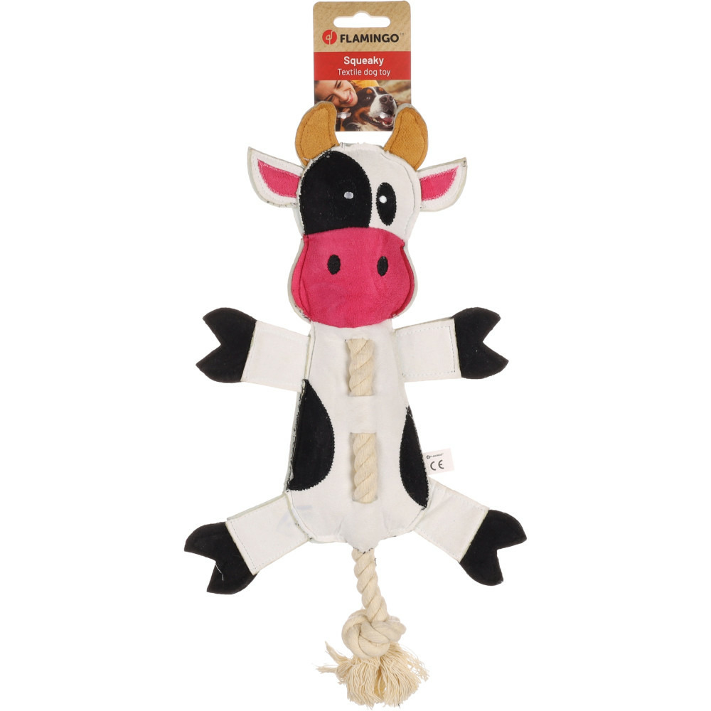 Jouet vache avec corde 38 cm pour chien