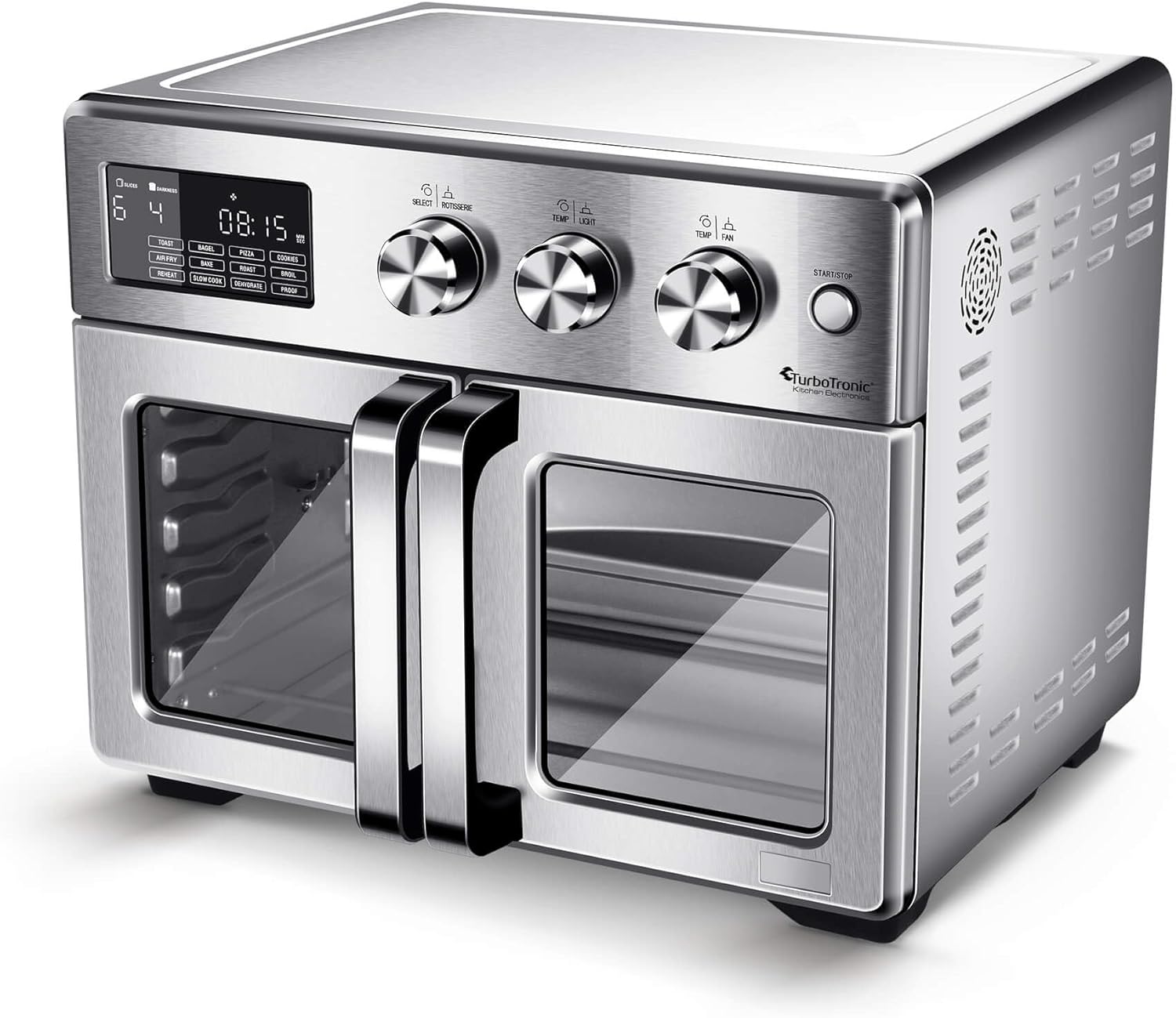 TurboTronic Mini Backofen - 4in1 Heißluftofen und Heißluftfritteuse XXL Version 32L inkl. Drehspieß & viel Zubehör, Dörrgerät ab 25°C & Grill, Airfryer, kleine Mini Tisch Back Pizzaofen (silber)