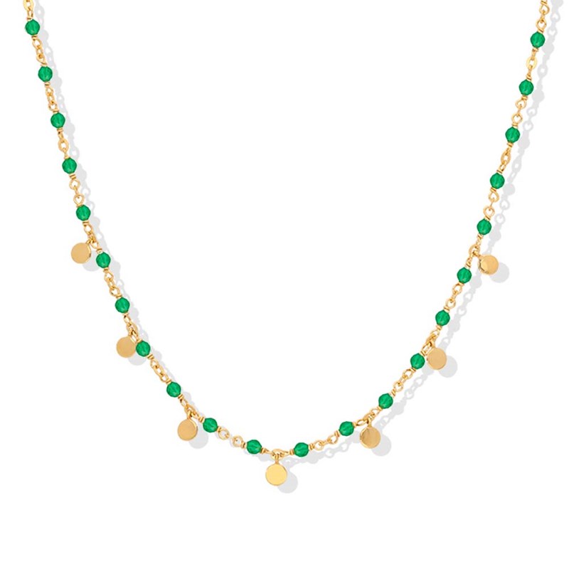 Collier Argent Doré Petites Perles Pampilles Et Pierre Onyx Vert