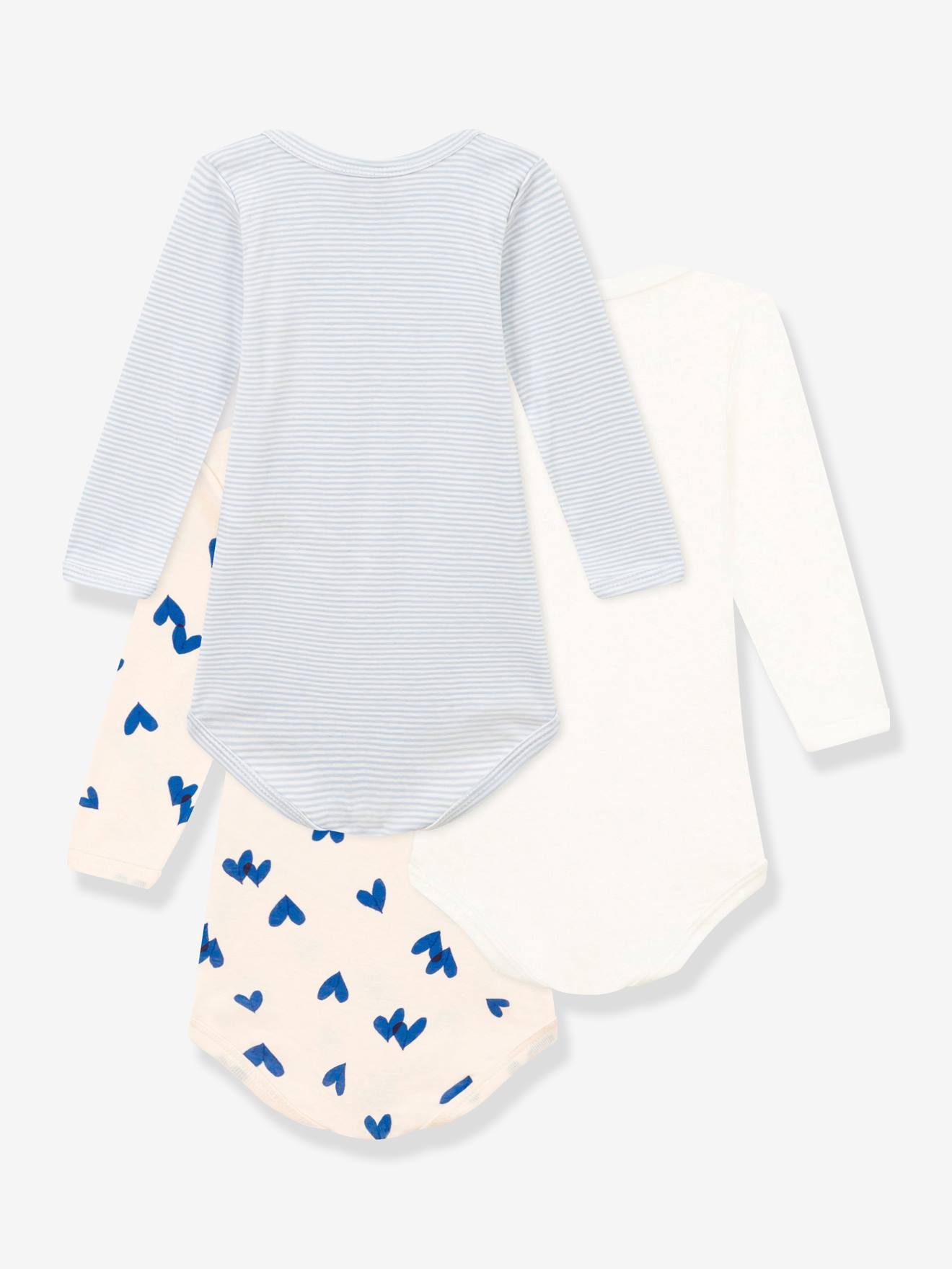 Conjunto de 3 bodies de algodão de manga comprida para bebês com corações azuis.