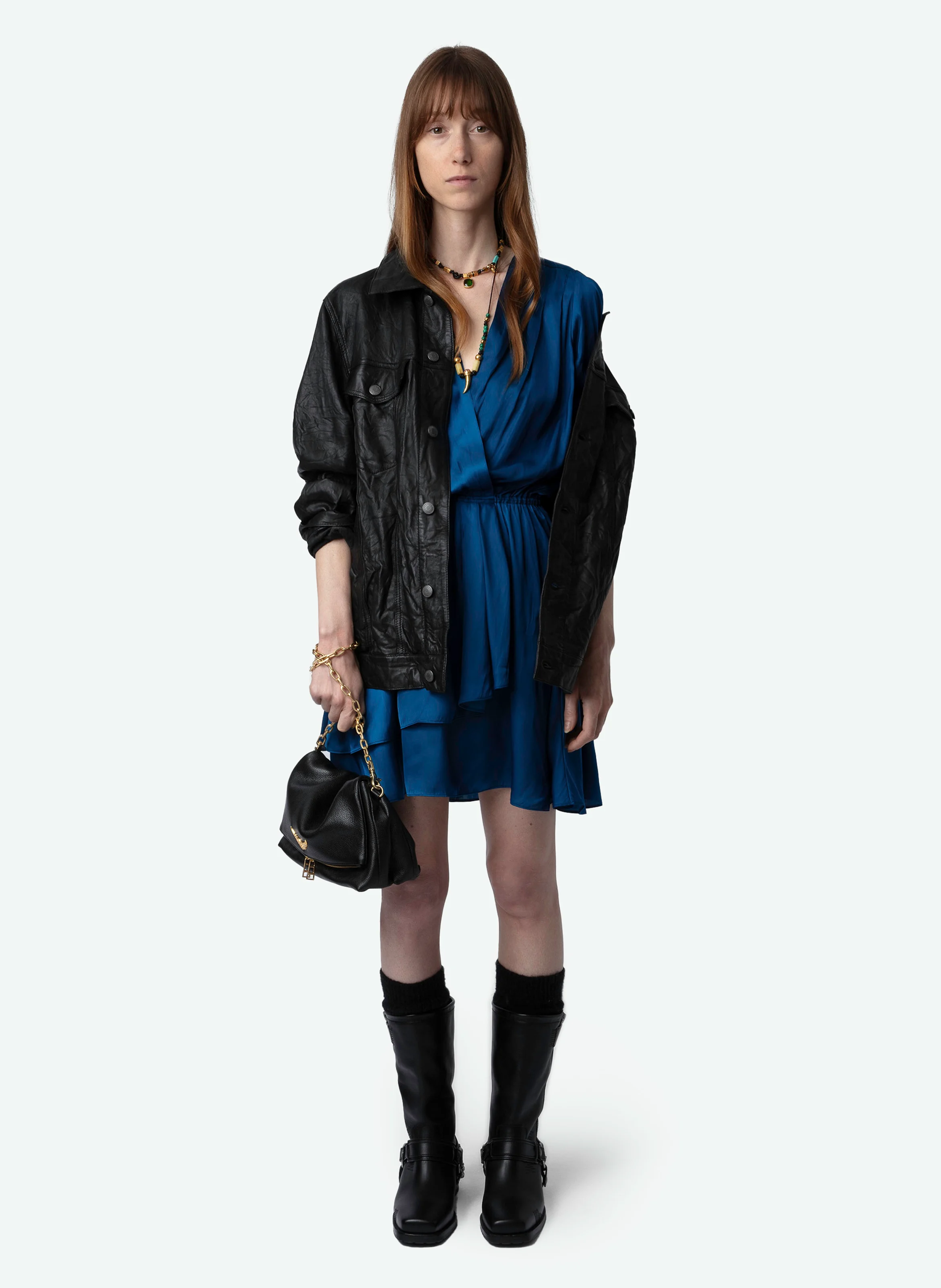 ROGERS - Robe courte droite col V en fibres recyclées mélangées | Bleu