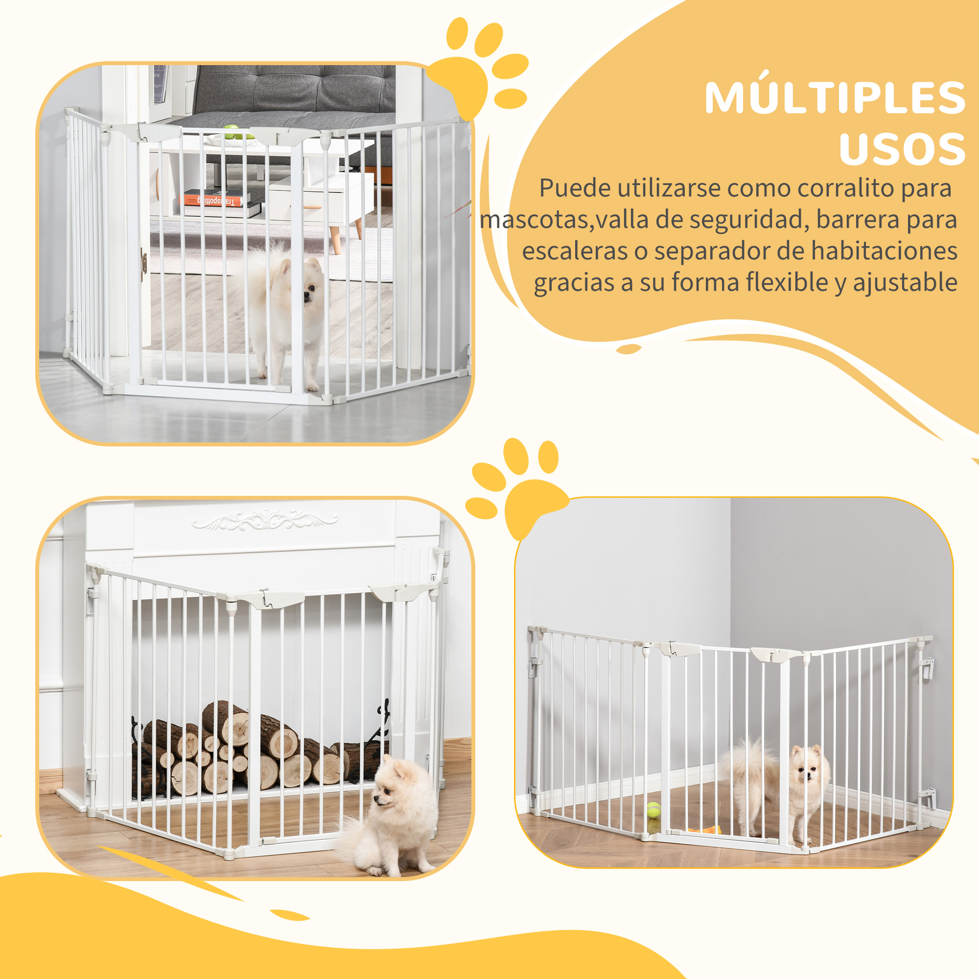Portão dobrável para cães PawHut, cerca para animais de estimação com 3 painéis e trava inteligente, barreira de segurança para escadas e corredores, 180 x 74,5 cm, branco