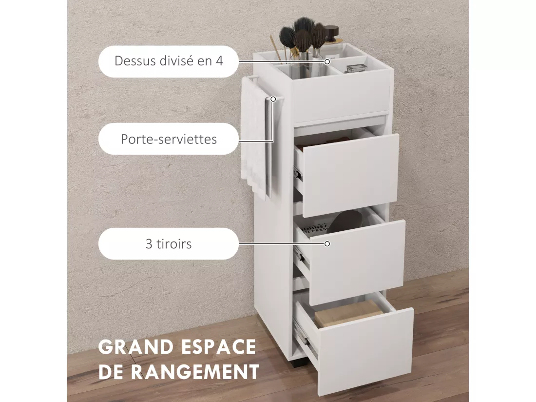 Meuble de salle de bain meuble de rangement avec 4 compartiments sur le dessus, 3 tiroirs et porte-serviettes pour les espaces étroits, 35 x 30 x 90cm, blanc