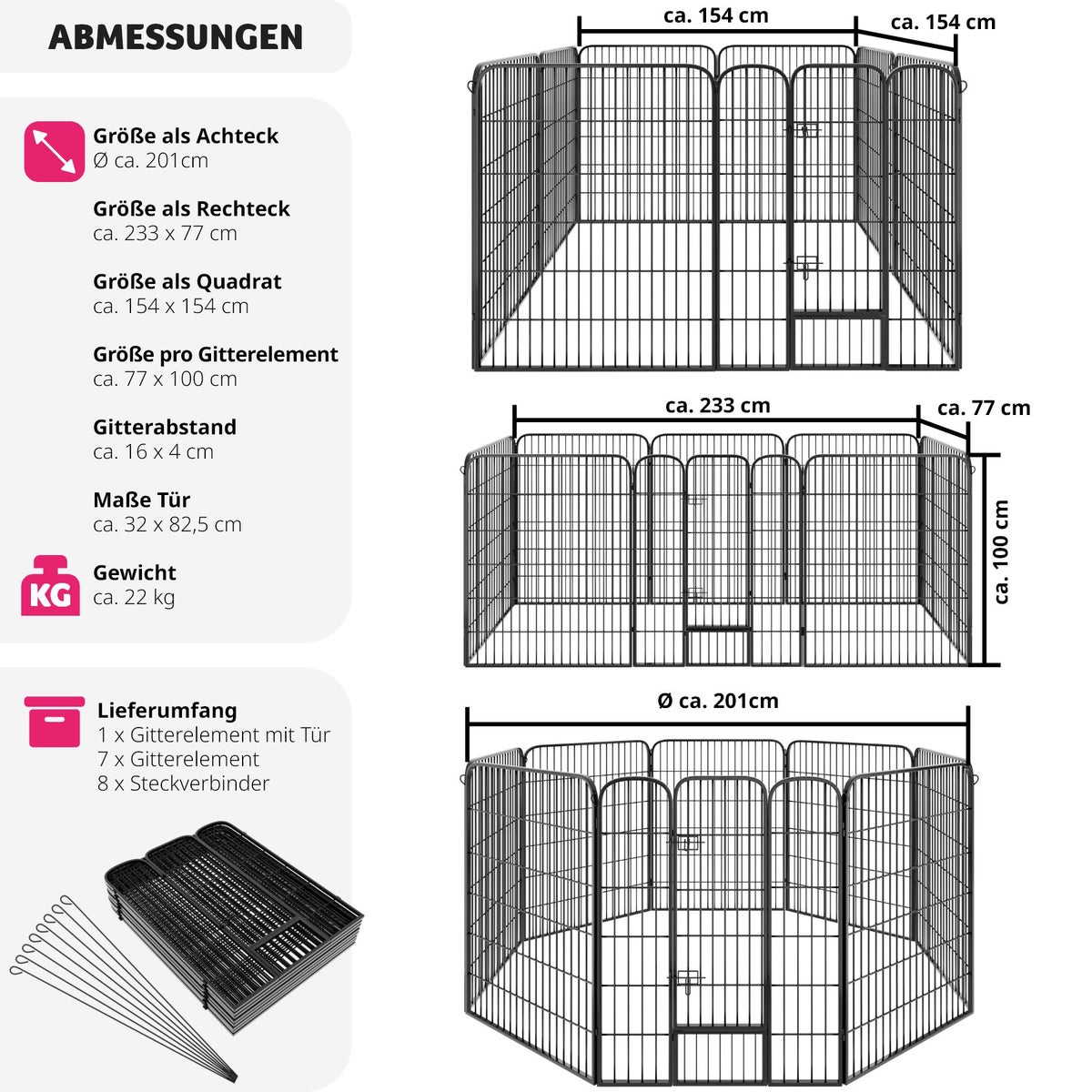 tectake Lisa 8-delige puppyren, opvouwbaar, grondverankering mogelijk