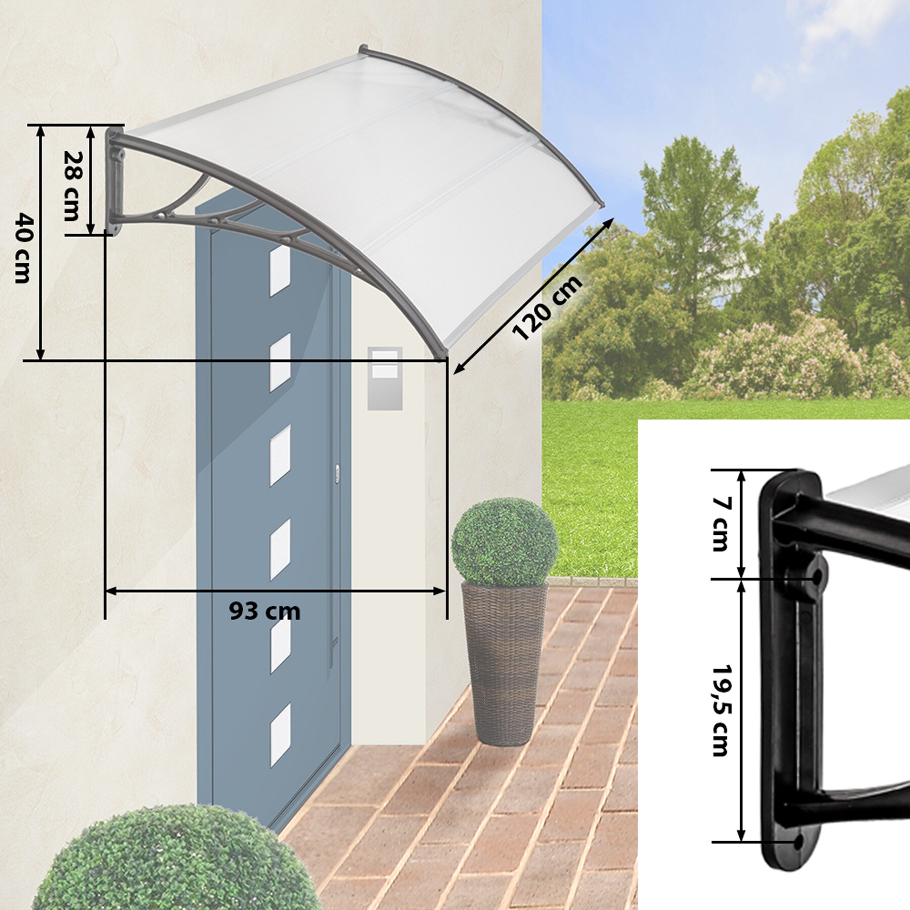 tectake® Vordach, in Bogenform, transparent und UV-beständig, 120 x 93 cm