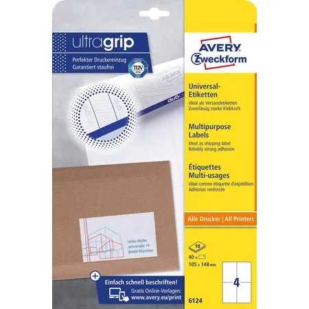 Avery Zweckform 6124 Universal-Etiketten,A4 mit ultragrip,105 x 148 mm, 10 Bogen/40 Etiketten, weiß
