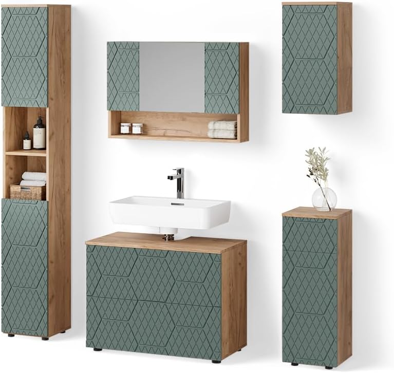 Livinity Badmöbel-Set Ronco, Grün/Goldkraft Eiche, 5 Teile
