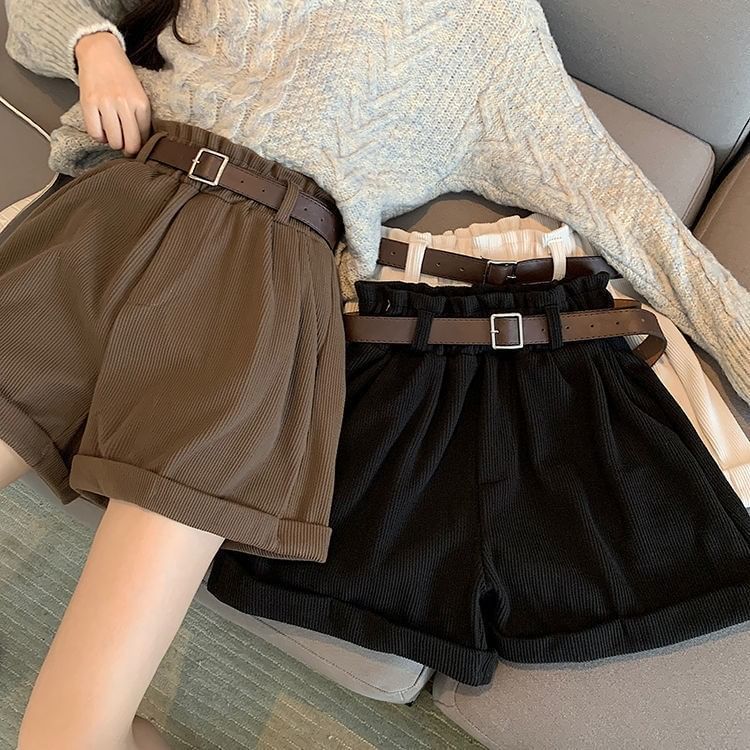 Polygato - Hoge taille effen corduroy wijde pijpen shorts / riem / set