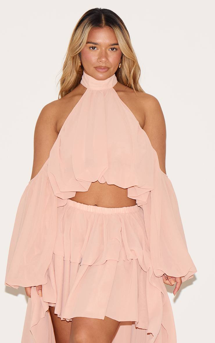 Pêche Ensemble Coordonné Shape Blouse En Mousseline Col Montant Épaules Dénudées