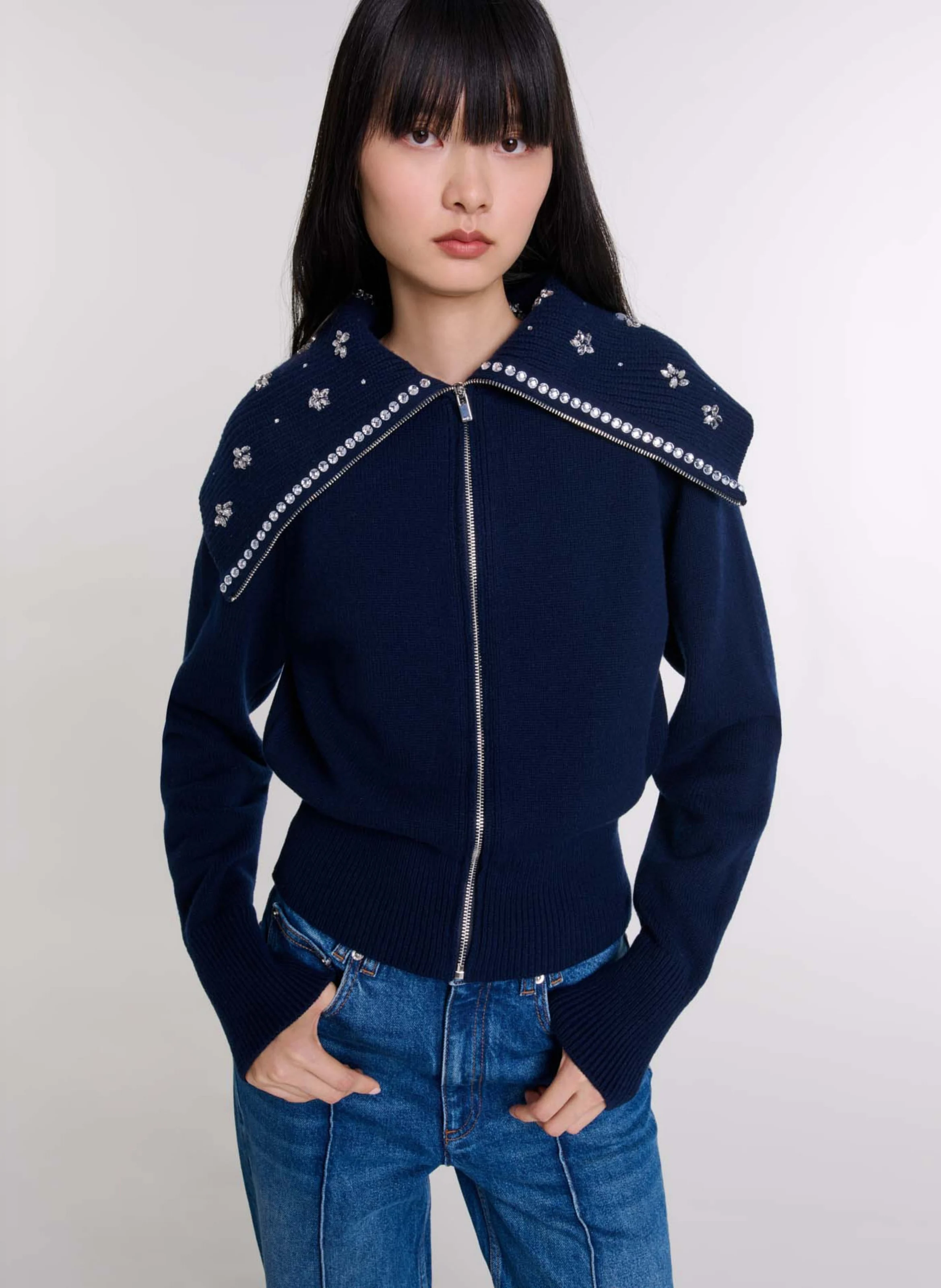 Cardigan droit col camionneur | Bleu