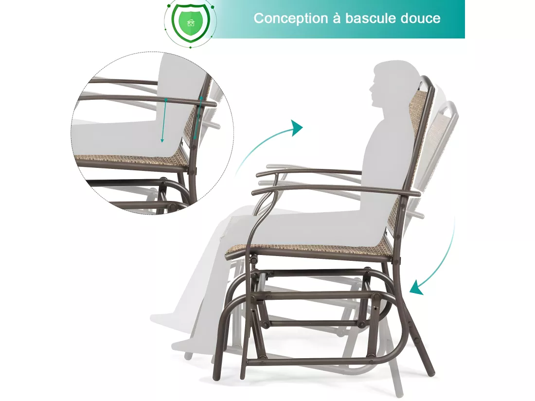 Fauteuil à Bascule Jardin avec Accoudoirs, 58 x 70 x 94 cm Charge Max.150KG