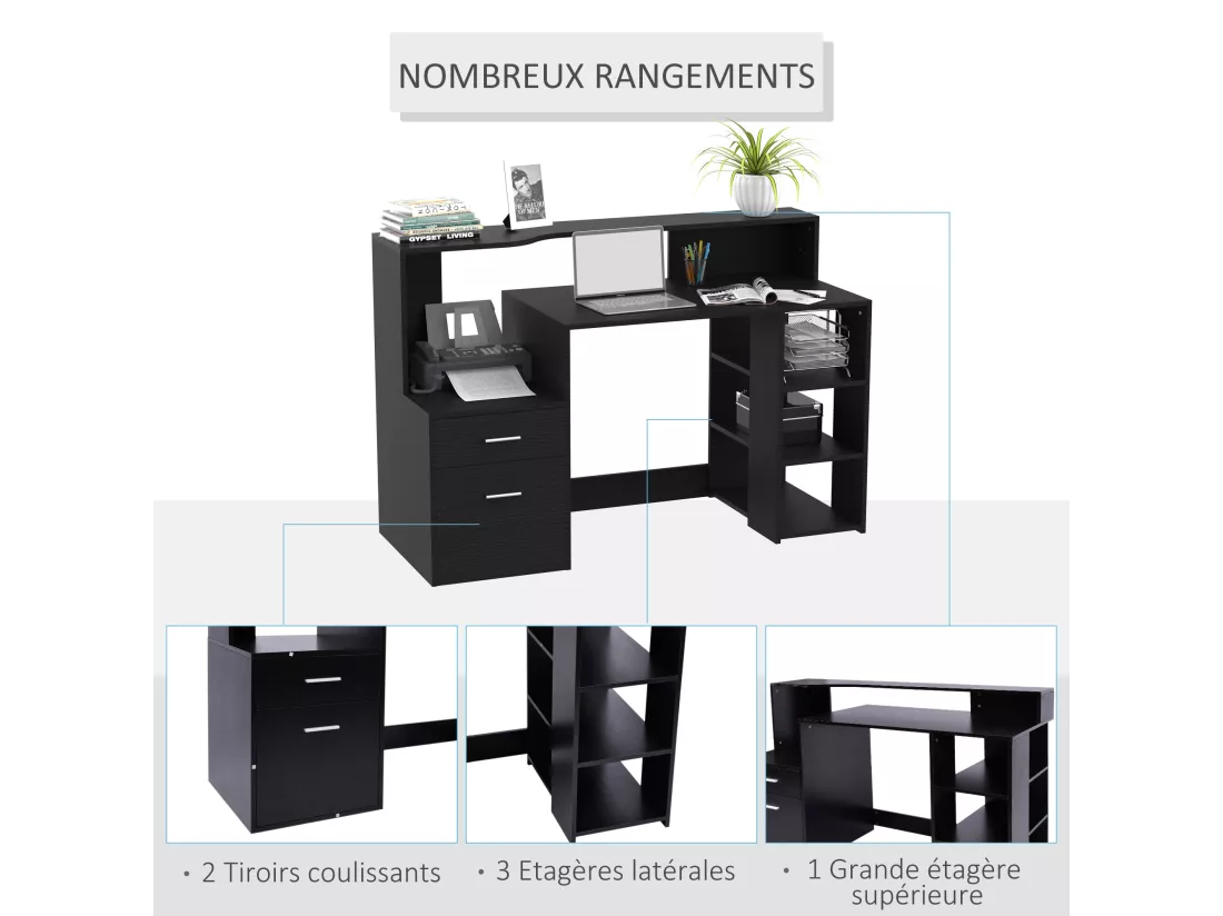 Bureau Informatique multimédia Design Multi-rangements 137 L x 55 l x 92 H cm noir