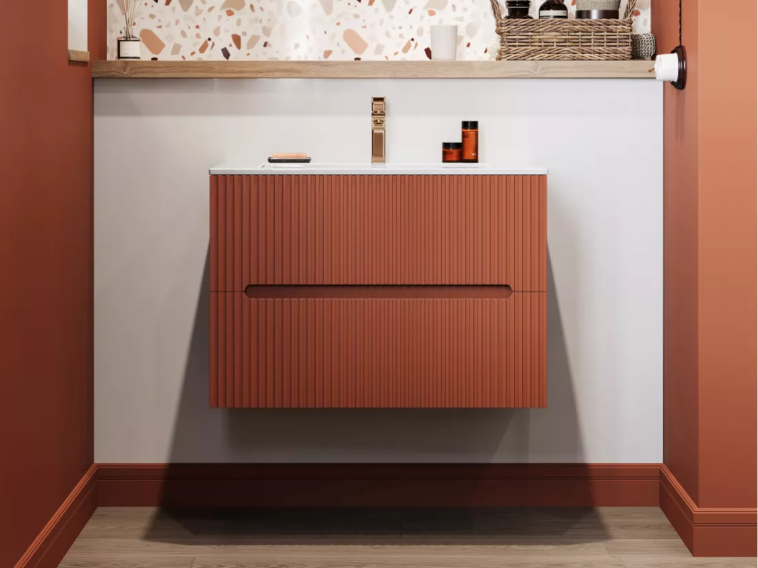 Meuble de salle de bain suspendu avec vasque à encastrer - Strié terracotta - 80 cm - PAVANI
