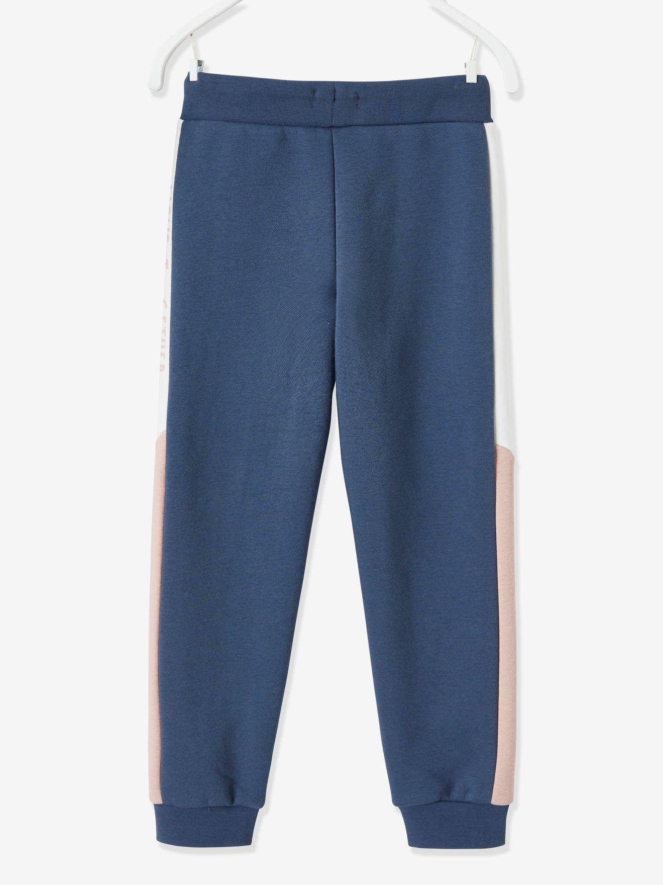 Calça de moletom com listras laterais, para meninas, azul escuro liso com estampas.
