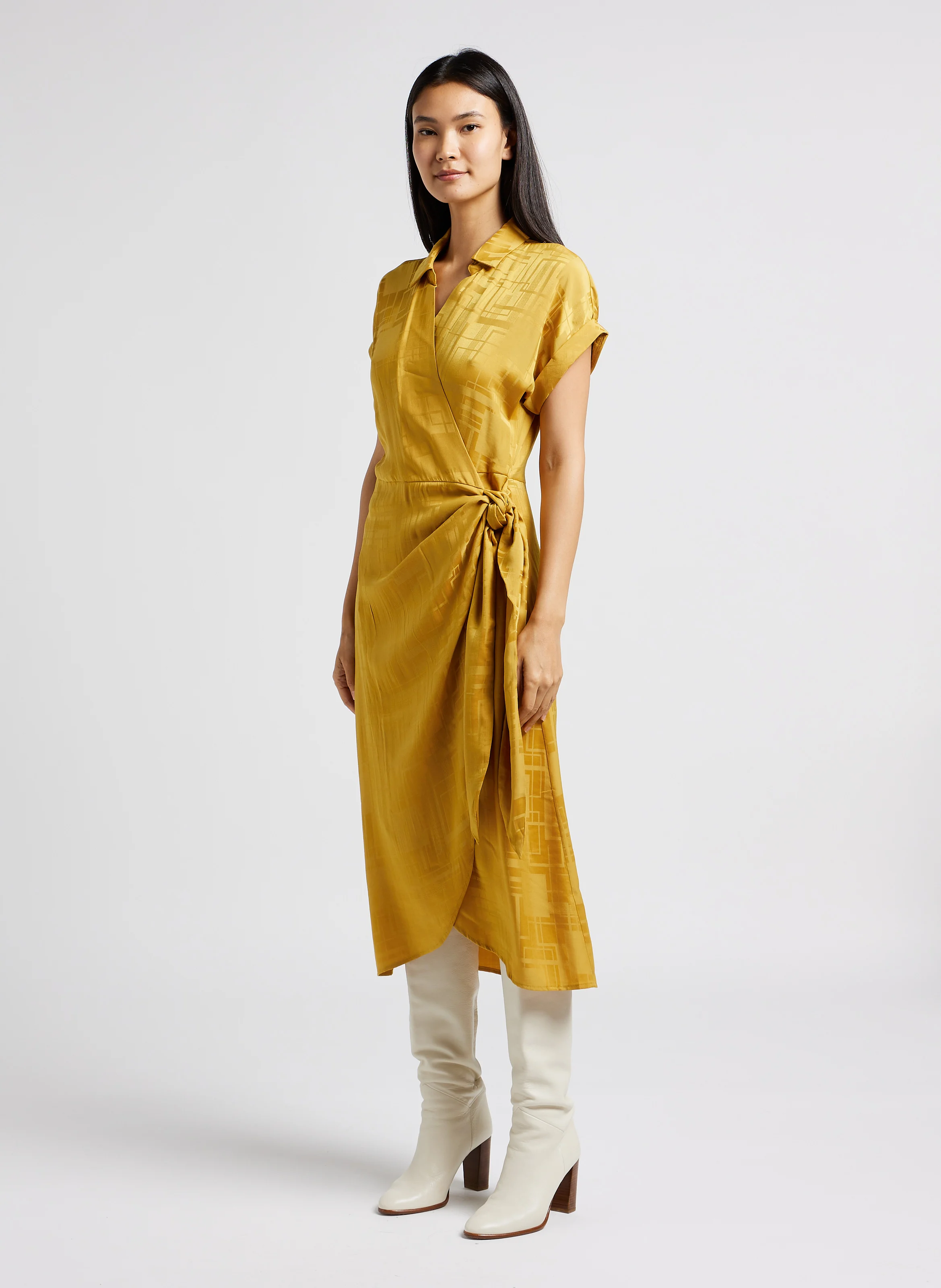MIEL - Robe longue cintrée portefeuille à imprimé | Jaune