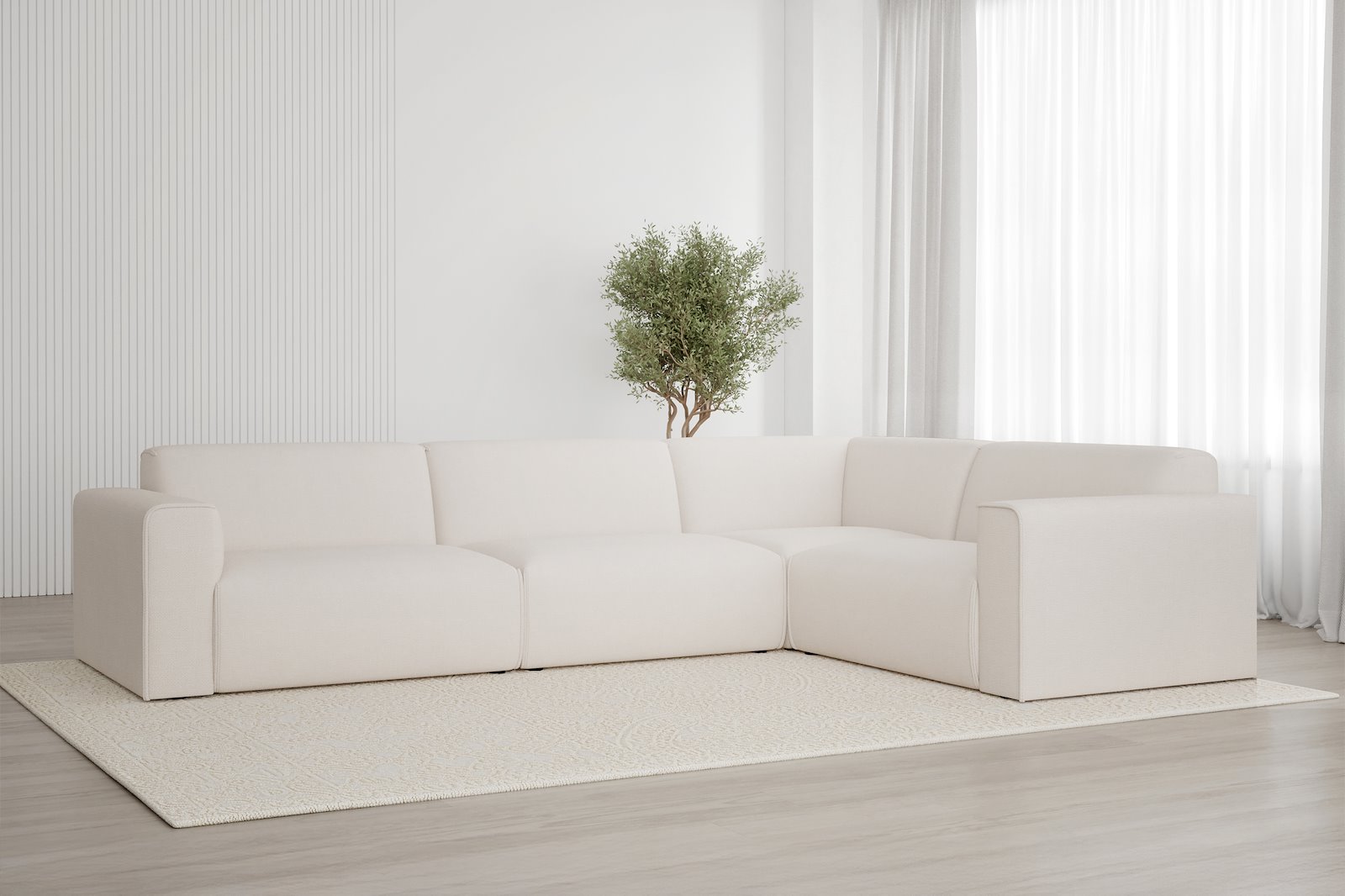 Monaco hjørnesofa 3/1,5 hjørnesofa. Tekstil Fjord 1 Ivory med sorte ben. Std komfort.