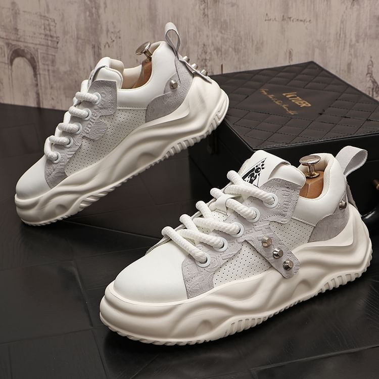 Mr Ozera - Platform Plain Studded Faux Leather Lace-Up Sneakers