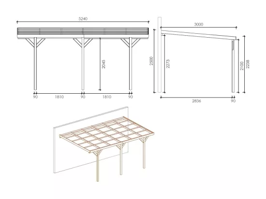 Carport, abri de voiture 3x5,24 m - 15 m2 - adossé  - CAR7-2 - ALTANKA