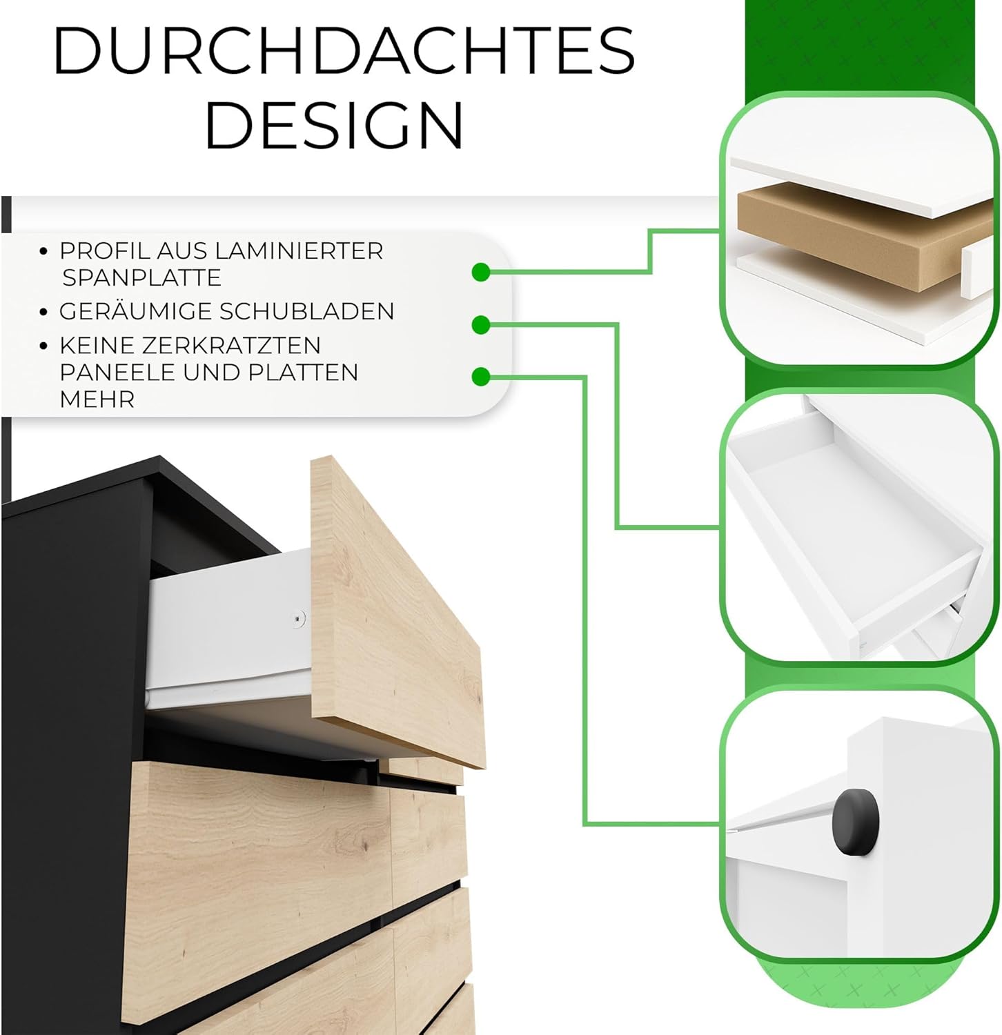 CDF Kommode Anthrazit Artisan mit 8 Schubladen 40 cm Tief Komodenschrank Komode für Wohnzimmer Schlafzimmer Schubladenschrank Malm Kommode viel Stauraum Geeignet Organizer Kleidung 120cm Breite Modern