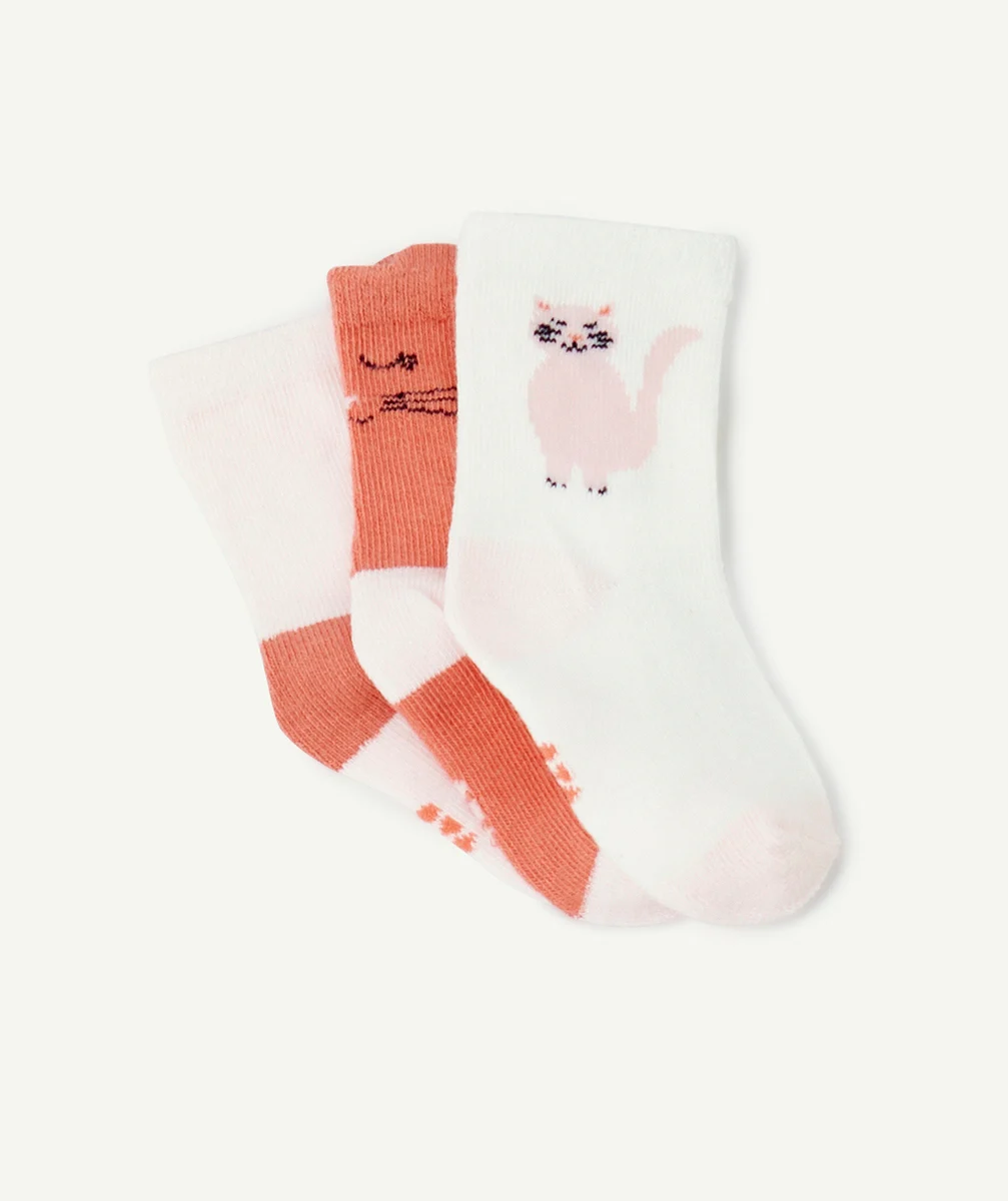 LOT DE 3 PAIRES DE CHAUSSETTES BÉBÉ FILLE THÈME CHAT ROSE