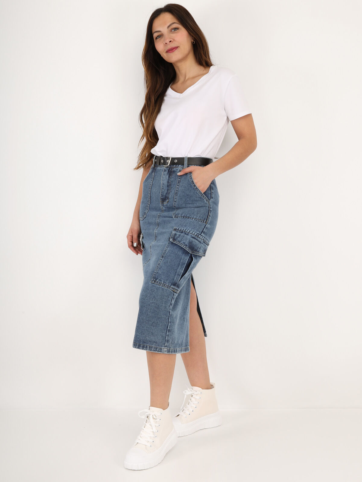 Jupe cargo en jeans avec ceinture- Bleu
