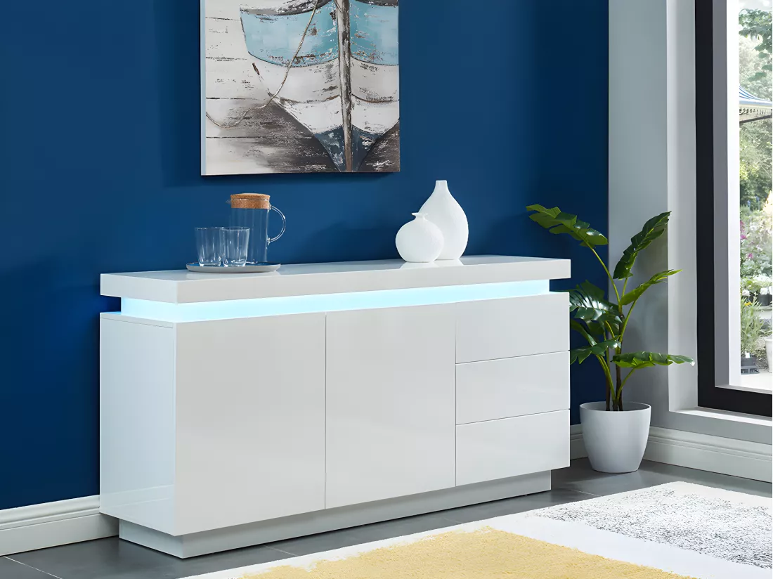 Buffet EMERSON II - LEDs - 2 portes & 3 tiroirs - MDF laqué blanc