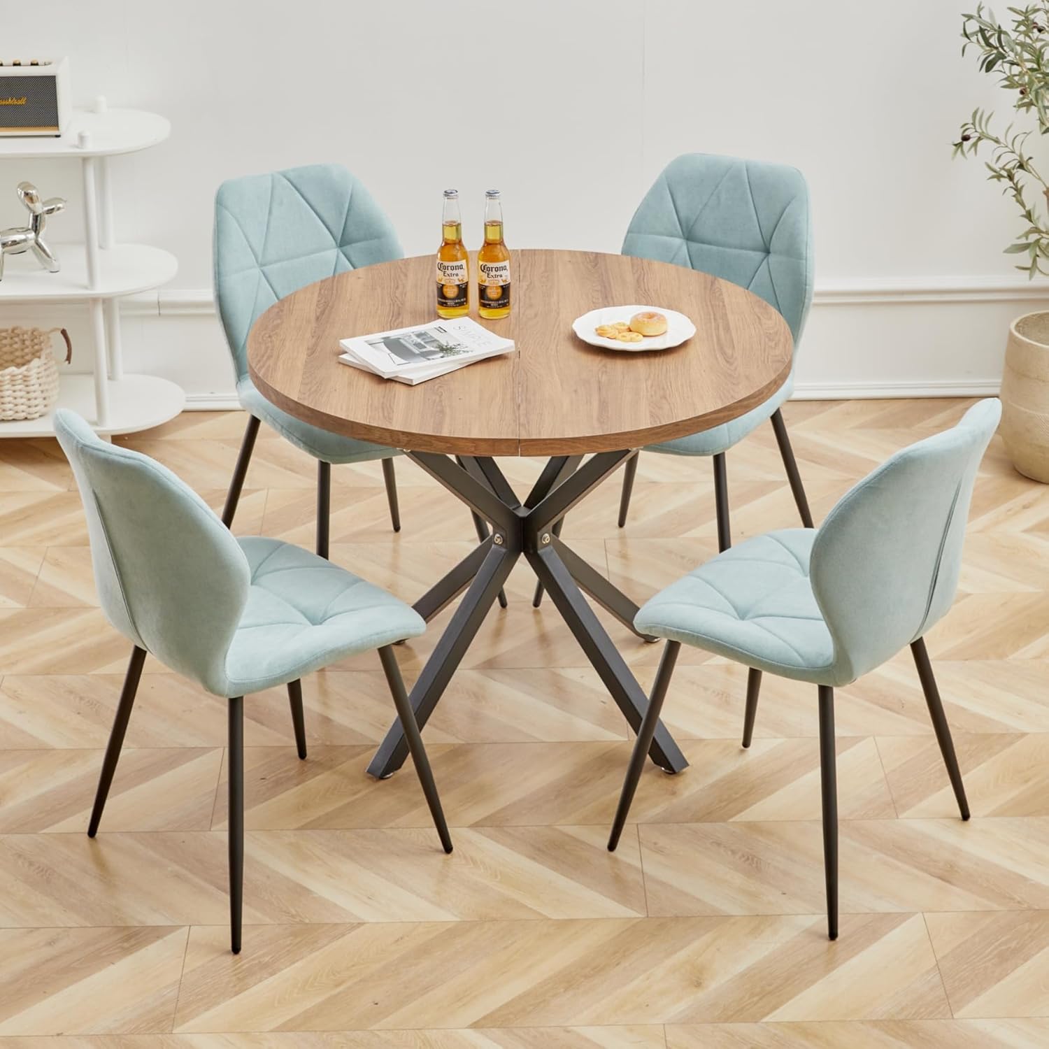 Esstisch und Stuhlset, 100 cm Runder Esstisch und 4 Moderne Leinenstühle, für Esszimmer, Küche, Wohnzimmer (Dunkel+ Mint)