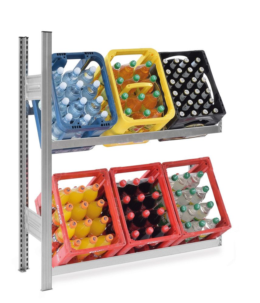 PROREGAL Drankkrattenrek, insteeksysteem, T-profiel, opzetplank, HxBxD 120 x 100 x 30 cm, plankbelasting 100 kg, 2 niveaus voor 6 drankkratten, verzinkt
