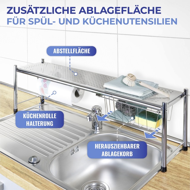 Maximex Küchenregal »Modell EXPANDO« ausziehbares Spülbeckenregal mit Küchenrollenhalter und Korb
