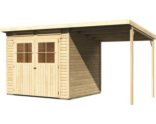 Karibu Glücksburg 4 tuinhuis met aangebouwd dak, 439 x 236 cm, natuurlijke afwerking