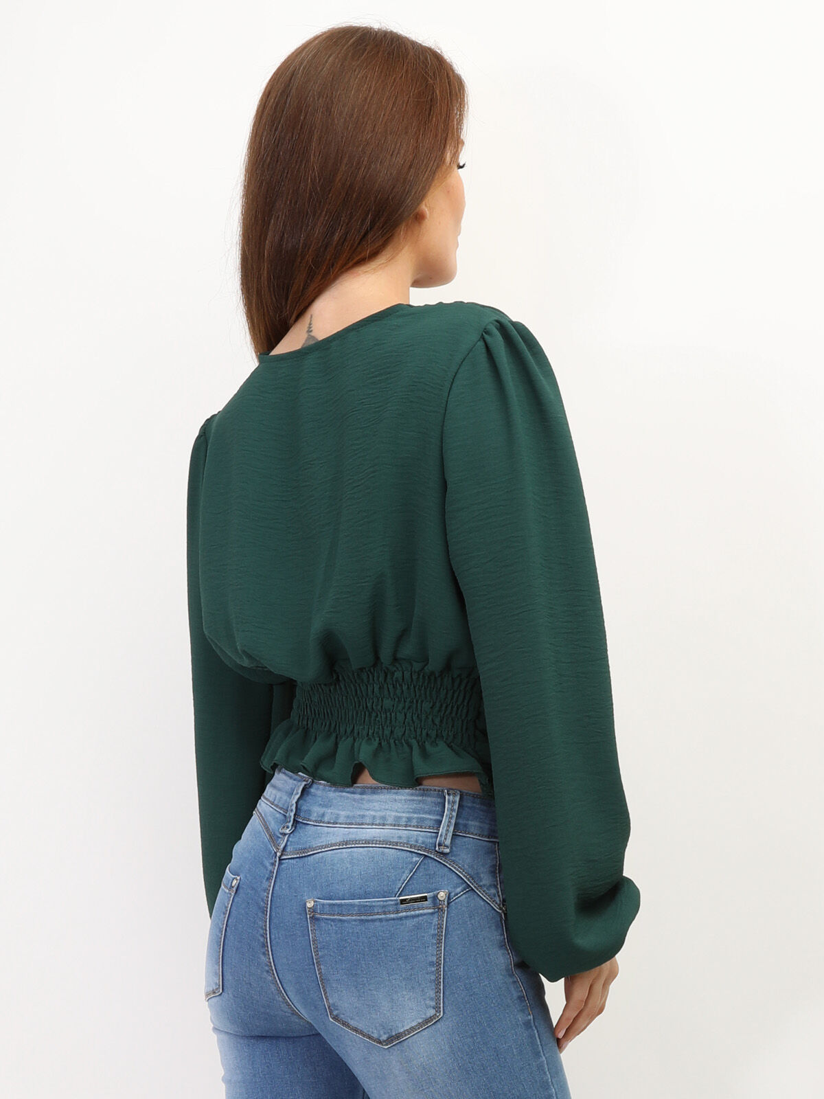 Blouse cache-coeur à manches ballons- Vert foncé