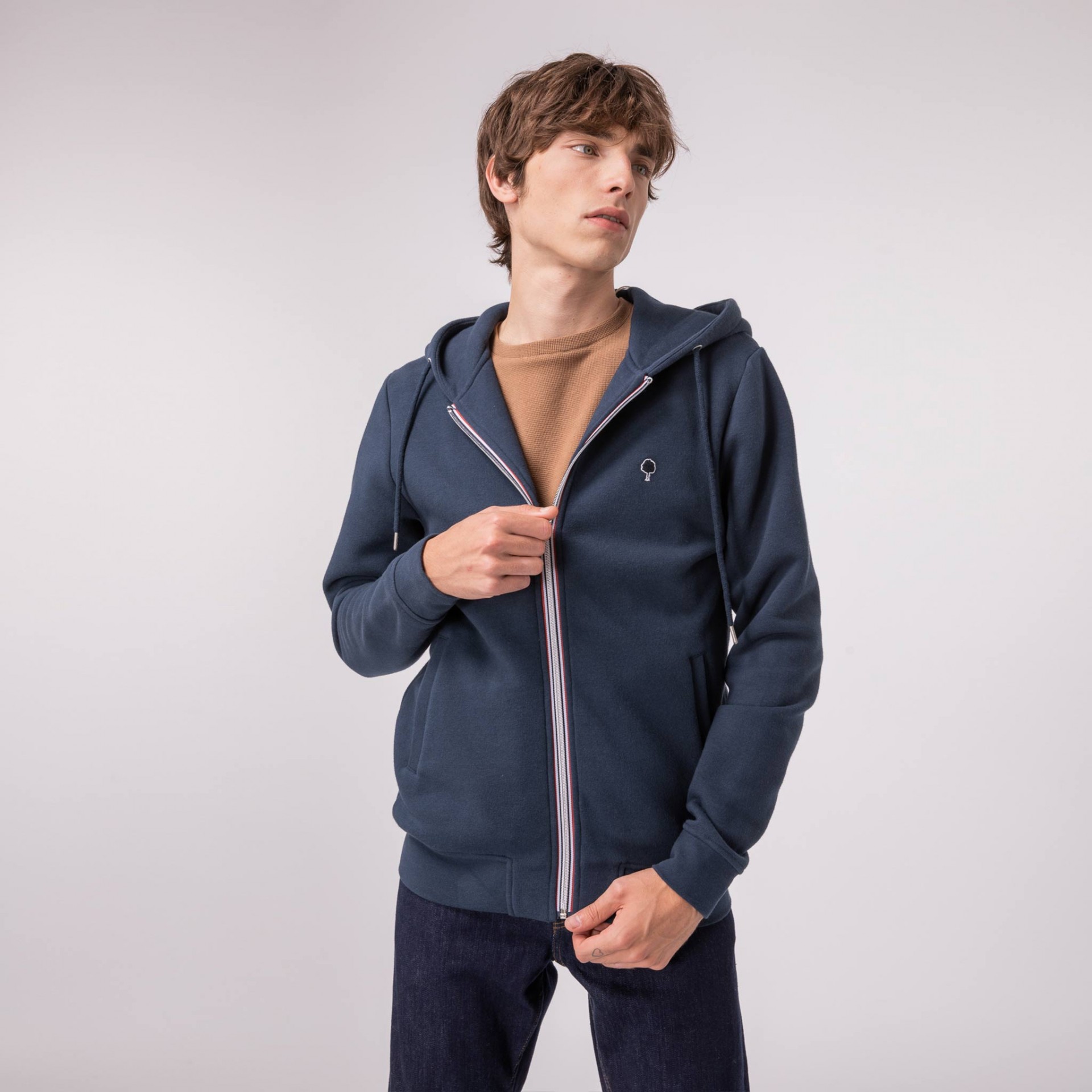 Sweat à capuche zippé bleu marine coton et polyester recyclé - modèle Mesnil