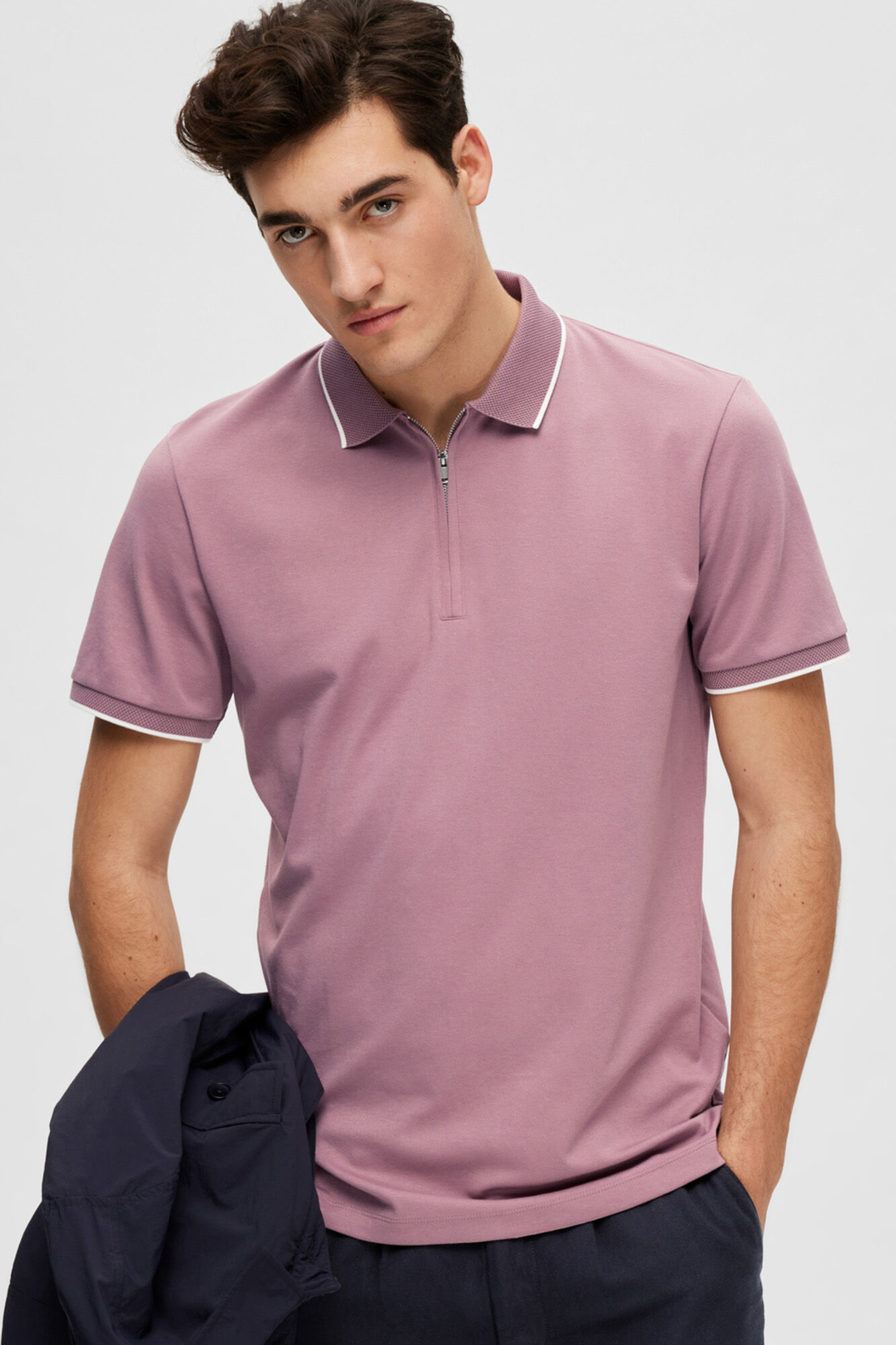 Camisa polo de manga curta com zíper em algodão orgânico. - Lilás