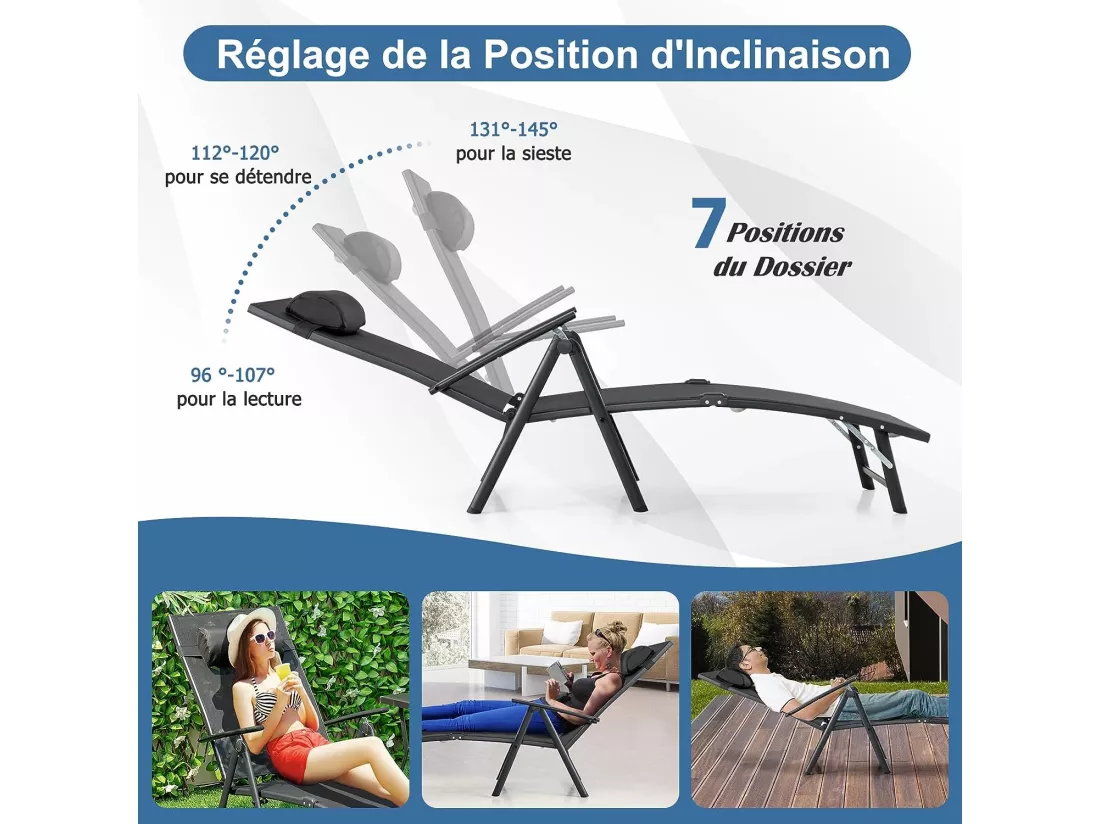 Chaise Longue Pliante, Transat Inclinable Portable avec Dossier Réglable sur 7 Positions, Bain de Soleil avec Accoudoir, Repose-Tête, Extérieur pour Piscine, Jardin, Balcon (Noir)