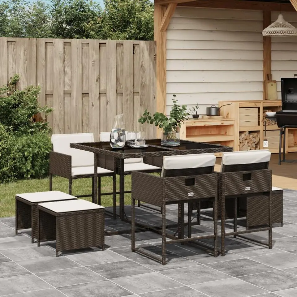 vidaXL - 9-delige Tuinset wit kussens 4 krukken - Bruin poly rattan - 110x106 cm