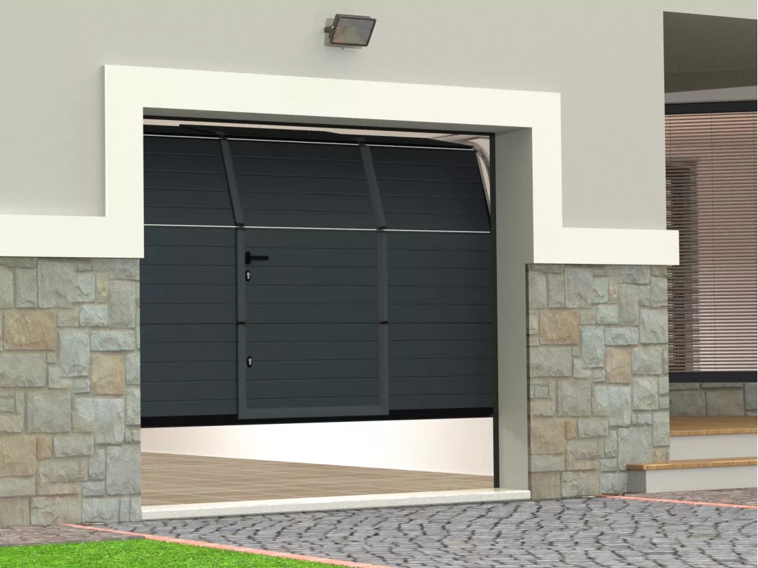Porte de garage sectionnelle effet rainuré portillon central anthracite motorisée L254 x H213 cm - NORIA