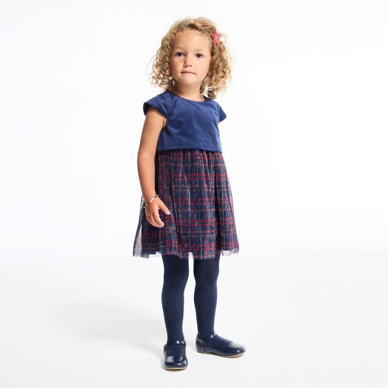 Robe de fête bi-matière velours et tulle à carreaux bleu bébé fille Bleu