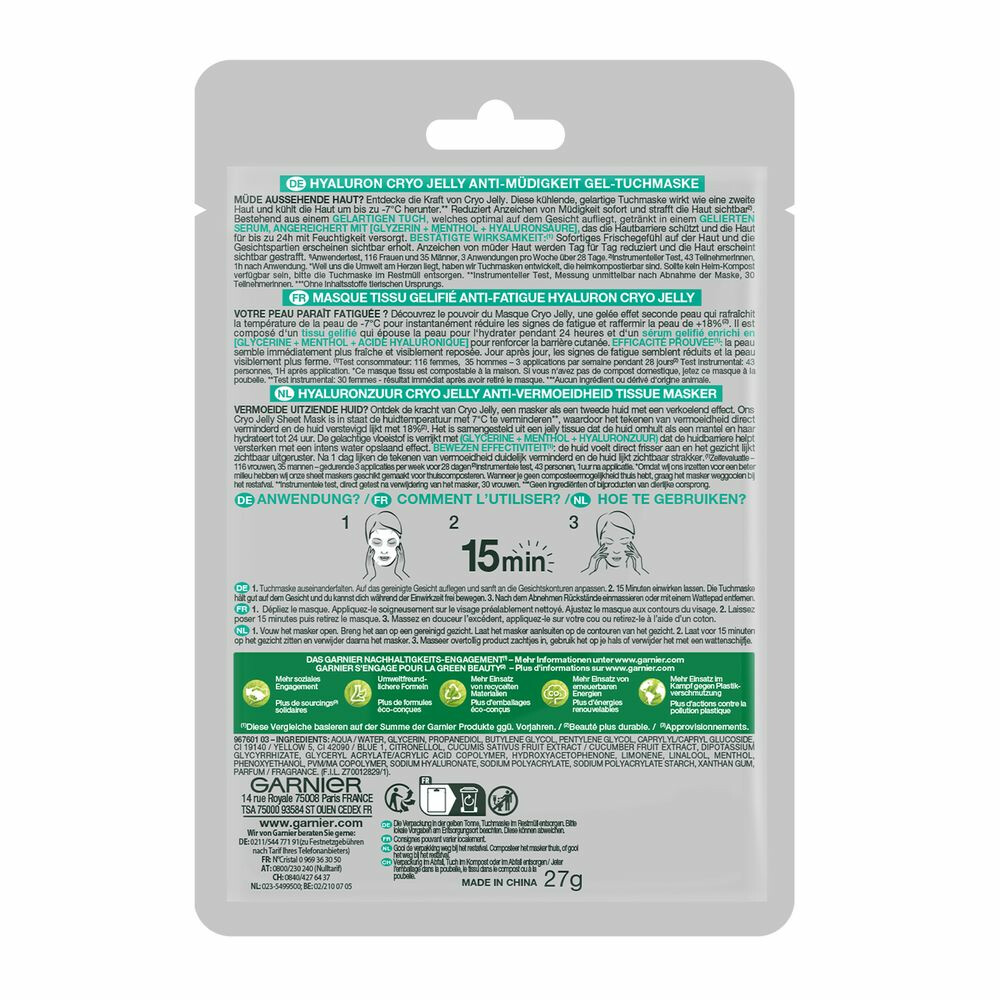 Garnier SkinActive Hyaluron Cryo Jelly Anti-vermoeidheid Sheet Masker