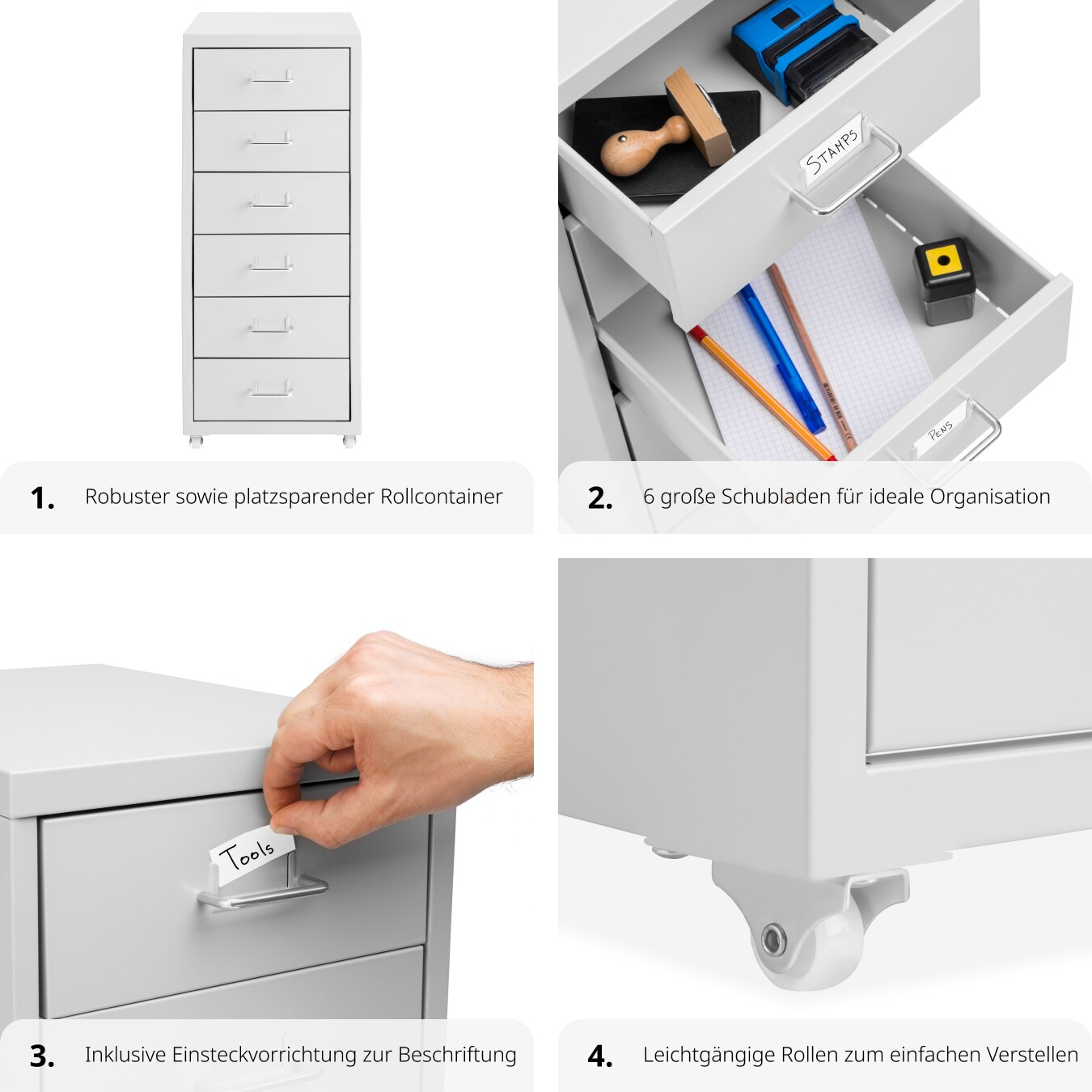 tectake® Rollcontainer, aus Stahl, 4 leichtgängige Rollen, einfache Montage, 41 x 28 x 69 cm