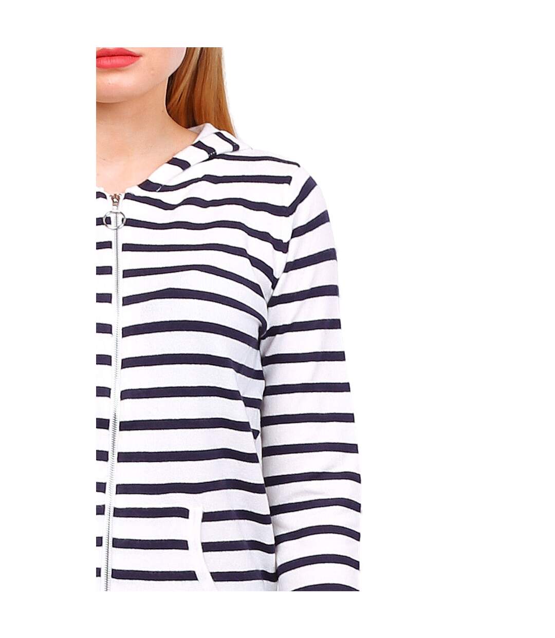 Gilet femme style marin  avec capuche - manches longues - Rayé blanc