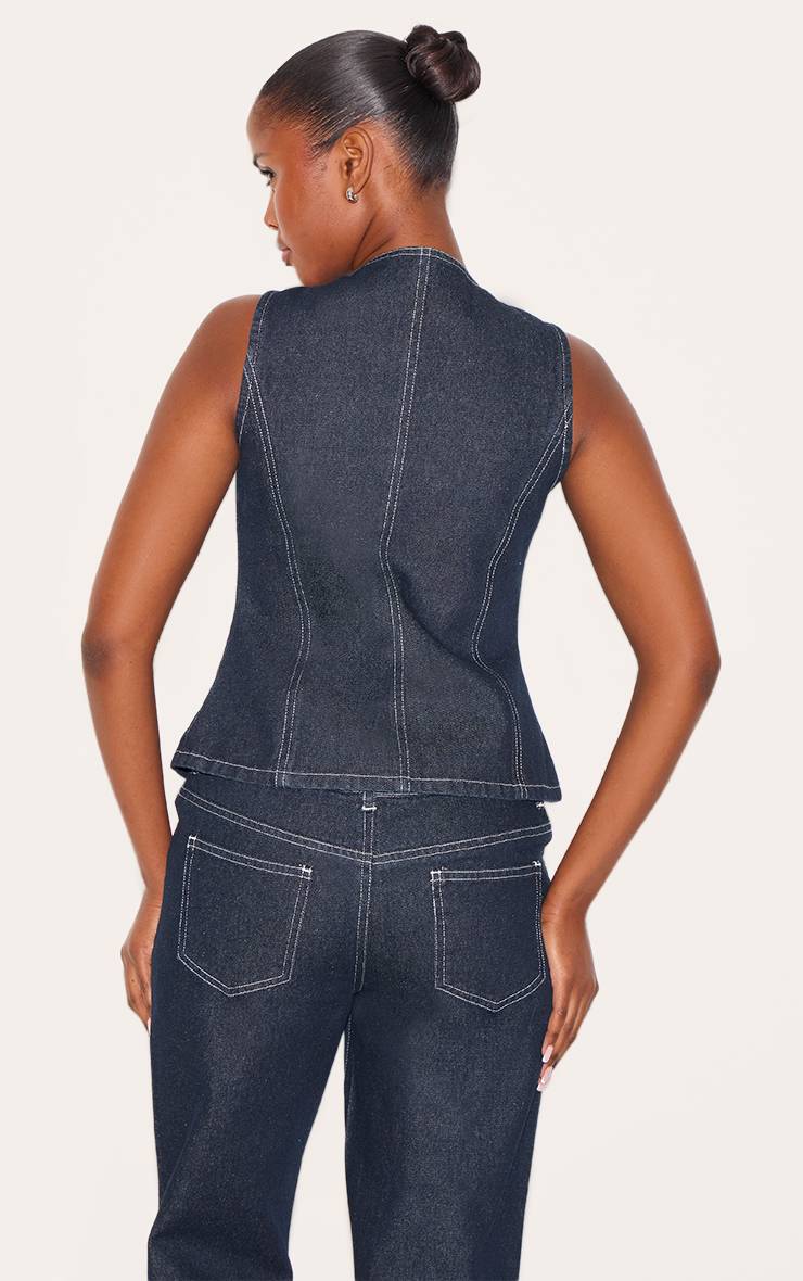 Raw Indigo Wash Gilet Long En Jean À Col Rond