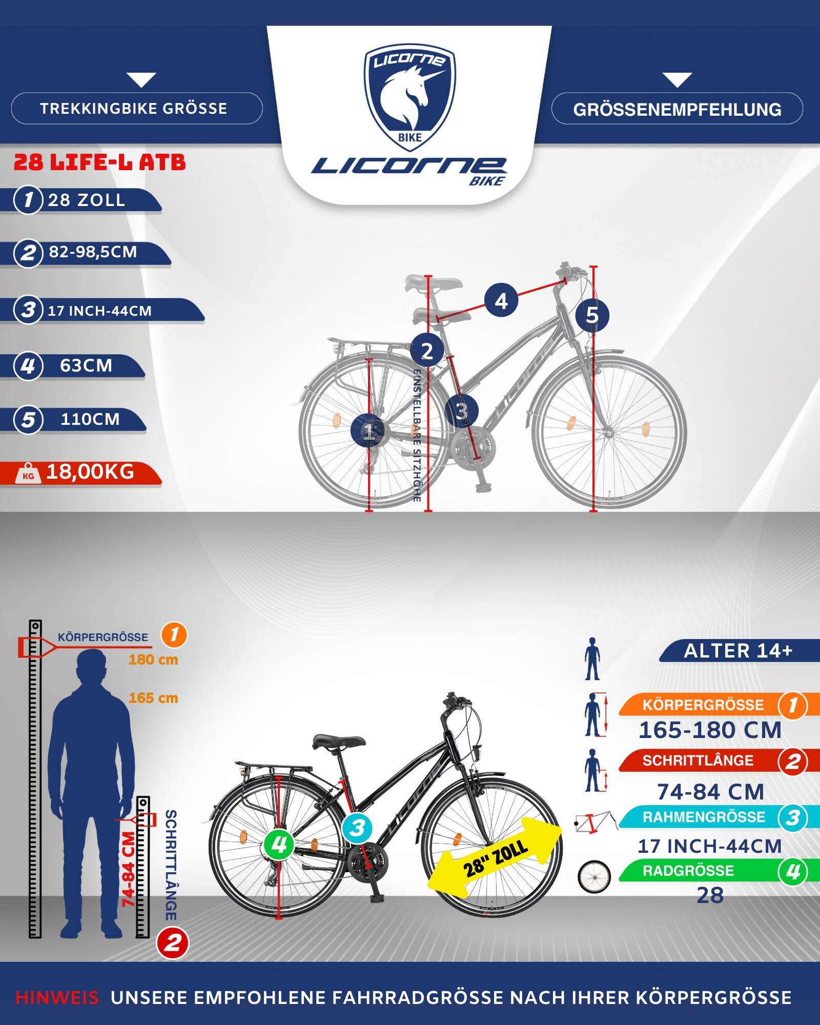 Licorne Bike L-V-ATBPremium Trekking Bike in 28 Zoll - Fahrrad für Herren, Jungen, Mädchen und Damen - Shimano 21 Gang-Schaltung - Citybike - Männerfahrrad