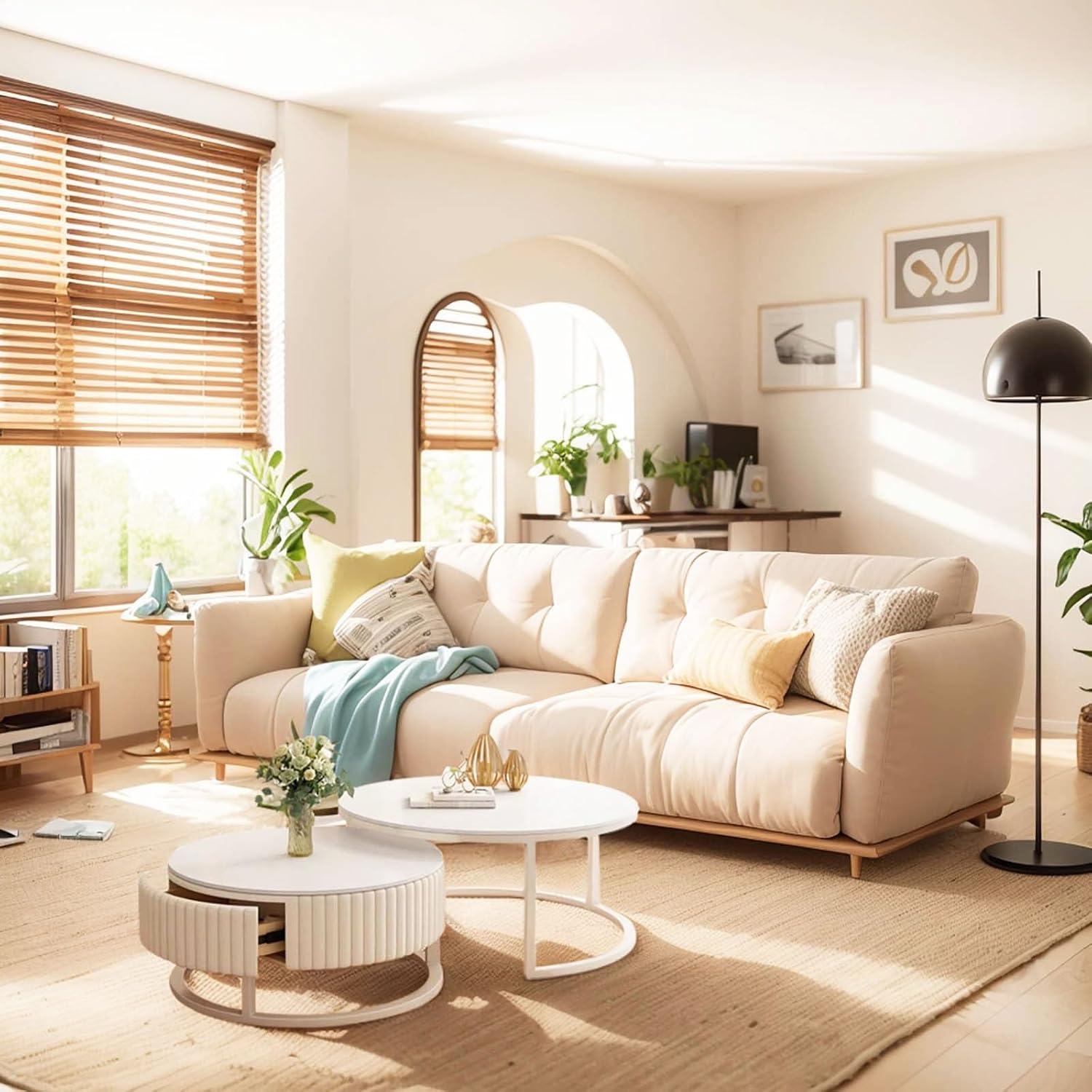 2 weiße Couchtische, ausziehbar, rund, mit Aufbewahrung, Marmor und robuster Metallrahmen, modern und ausziehbar, für Wohnzimmer und Büro