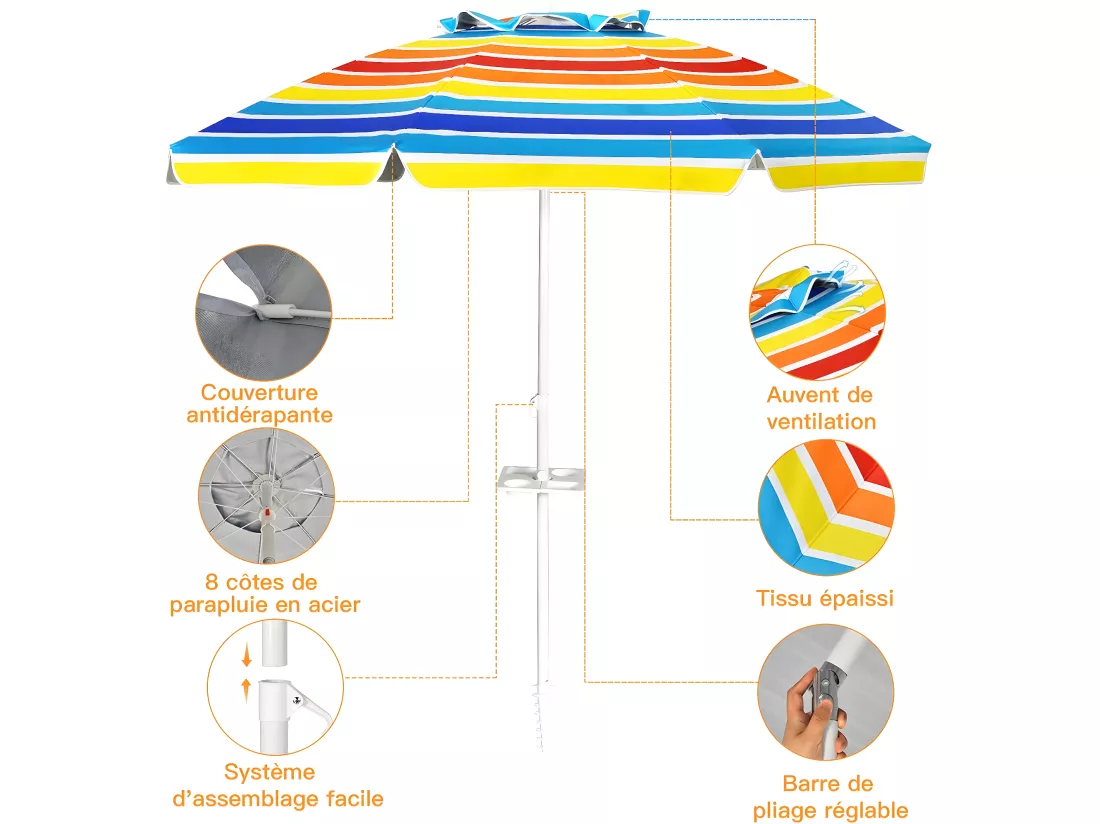 Parasol Pliable 2,2M Mécanisme Inclinable 30° avec Porte-Gobelet Fixation pour Sable Protection UPF50+ Portable Extérieur Arc-en-Ciel