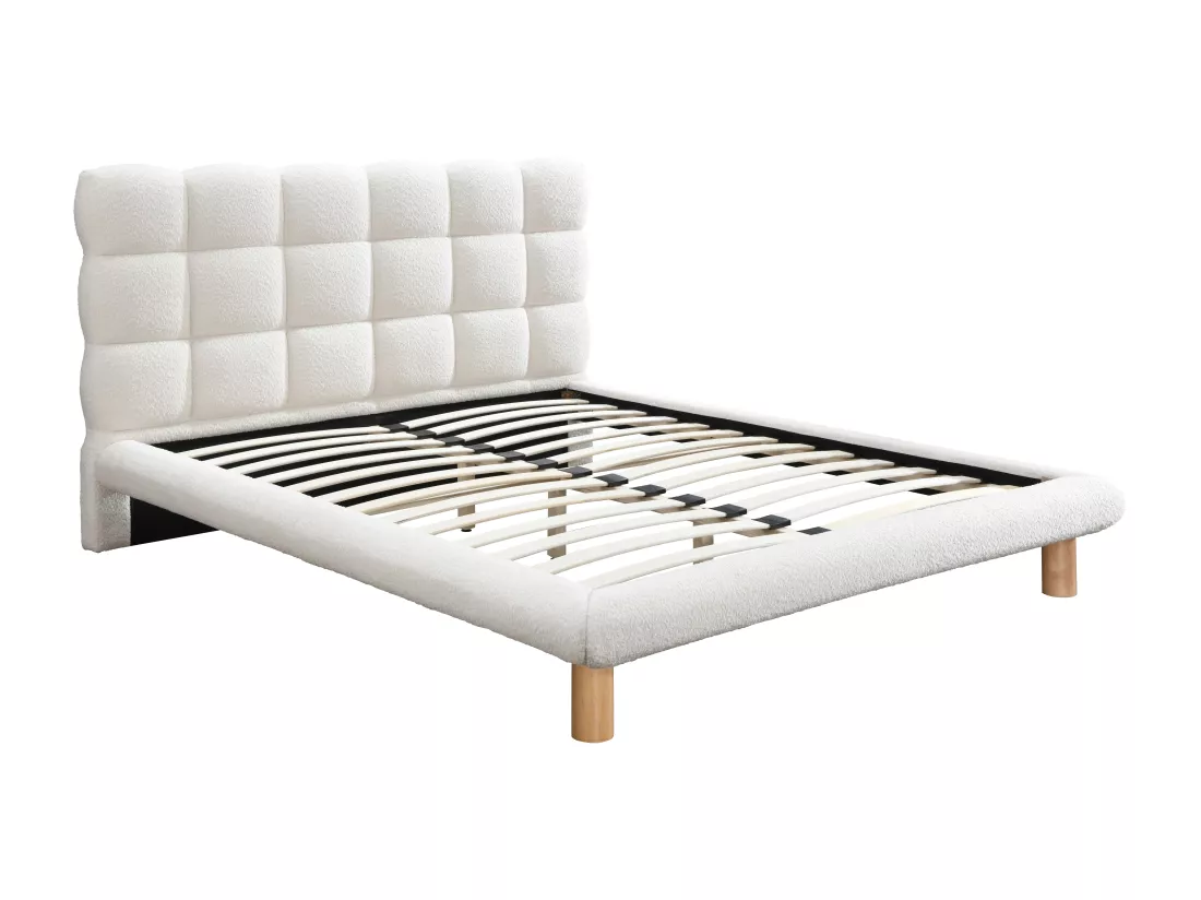 Lit avec tête de lit matelassée 160 x 200 cm - Tissu bouclette - Blanc - FUDALI
