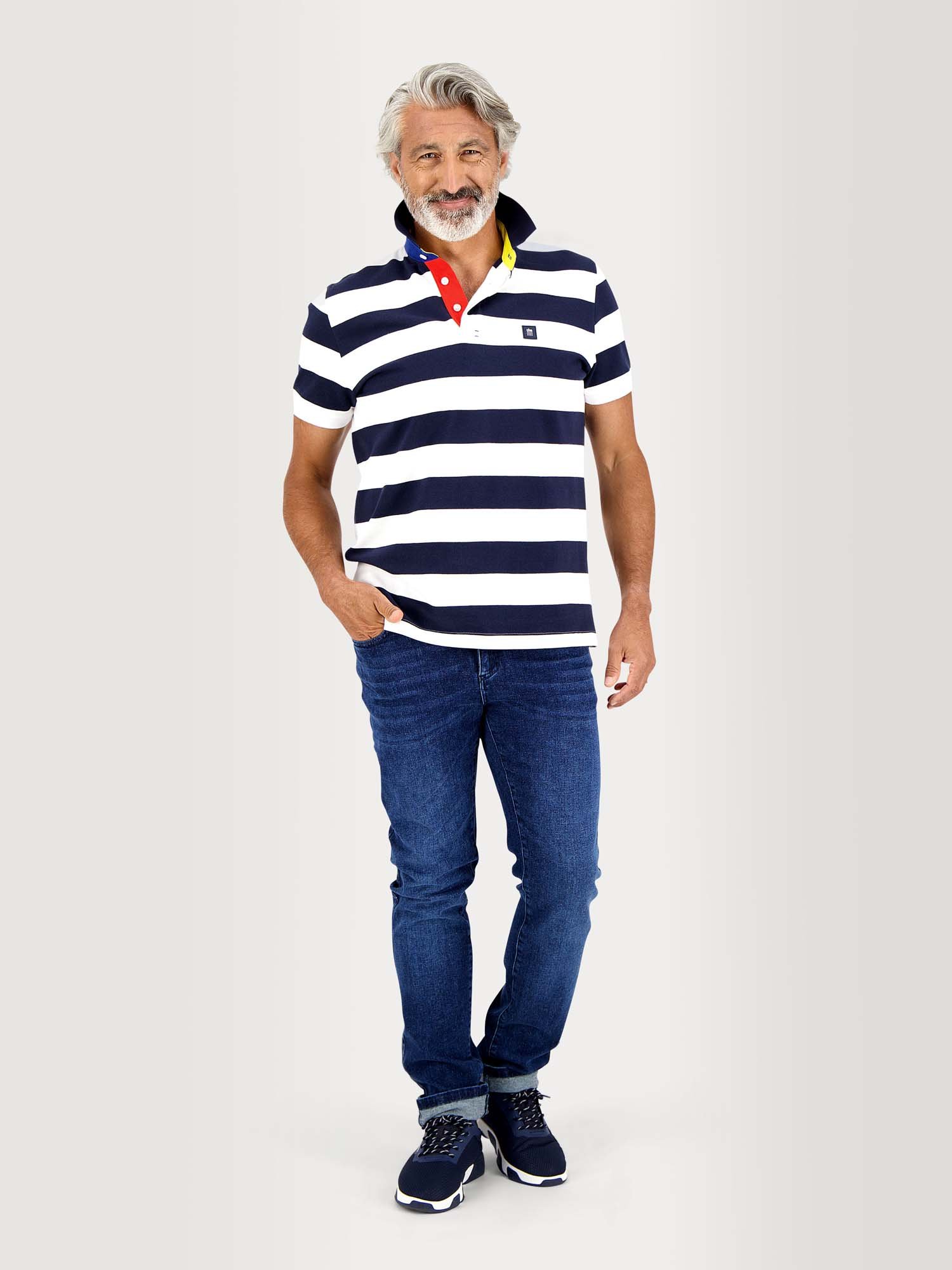 Polo Homme Coton Piqué Biologique Larges Rayures Marine et Blanc